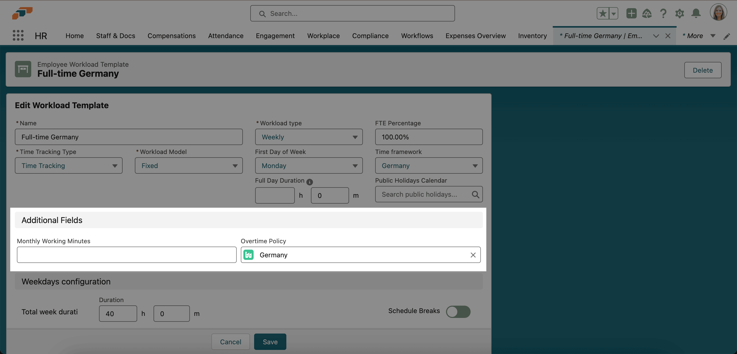 Benutzerdefinierte Felder in einem Workload-Template-Seitenlayout