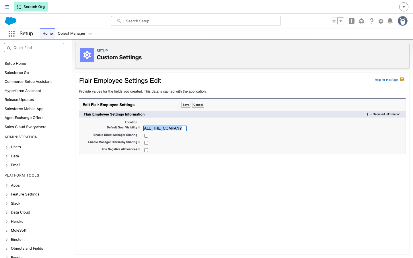 Die Bearbeitungsseite von Flair Employee Settings im Salesforce-Setup mit Default Goal Visibility auf ALL_THE_COMPANY gesetzt