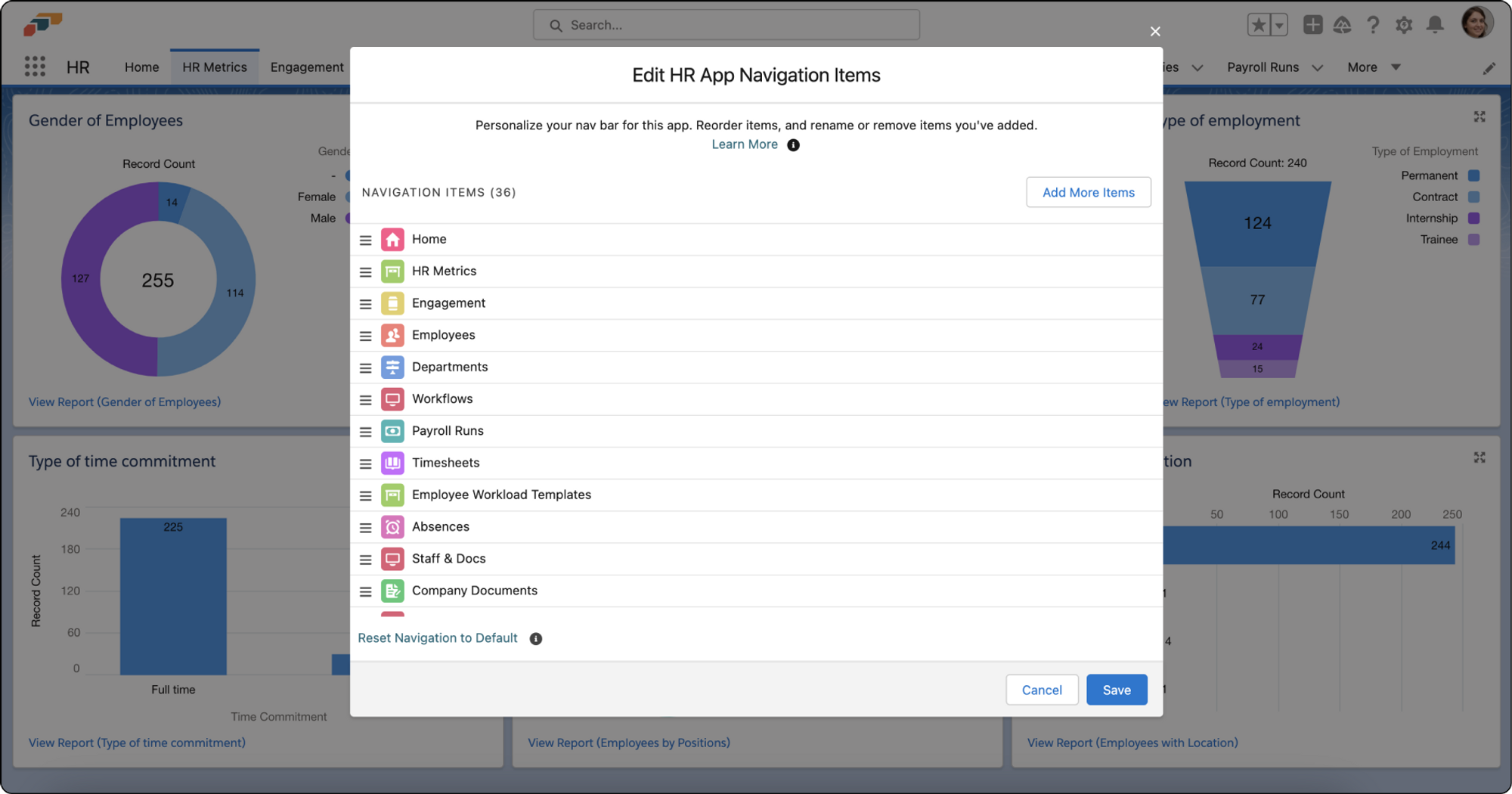 Navigation items can be rearranged, renamed, and hidden
