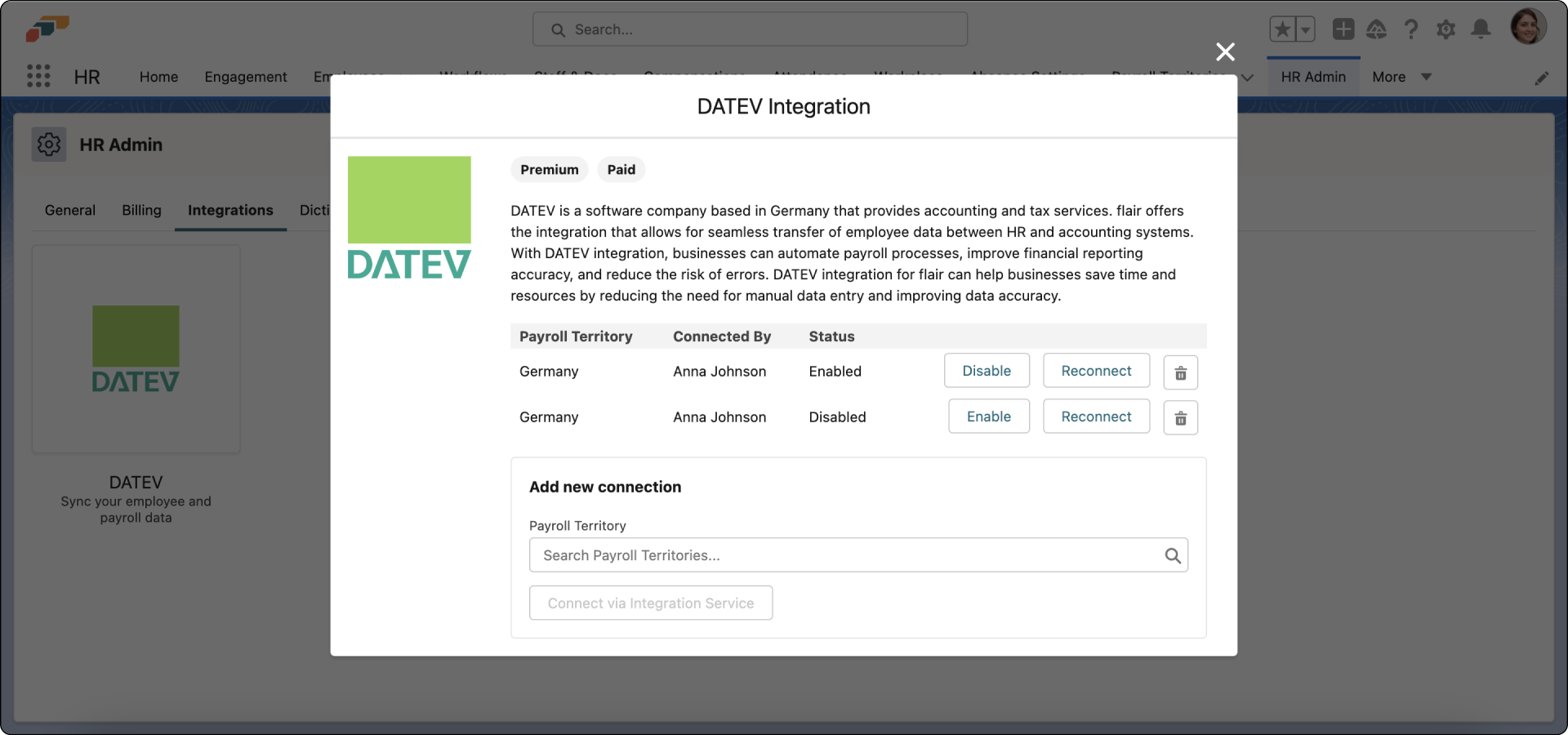 Aktivieren der DATEV-Integration in flair HR