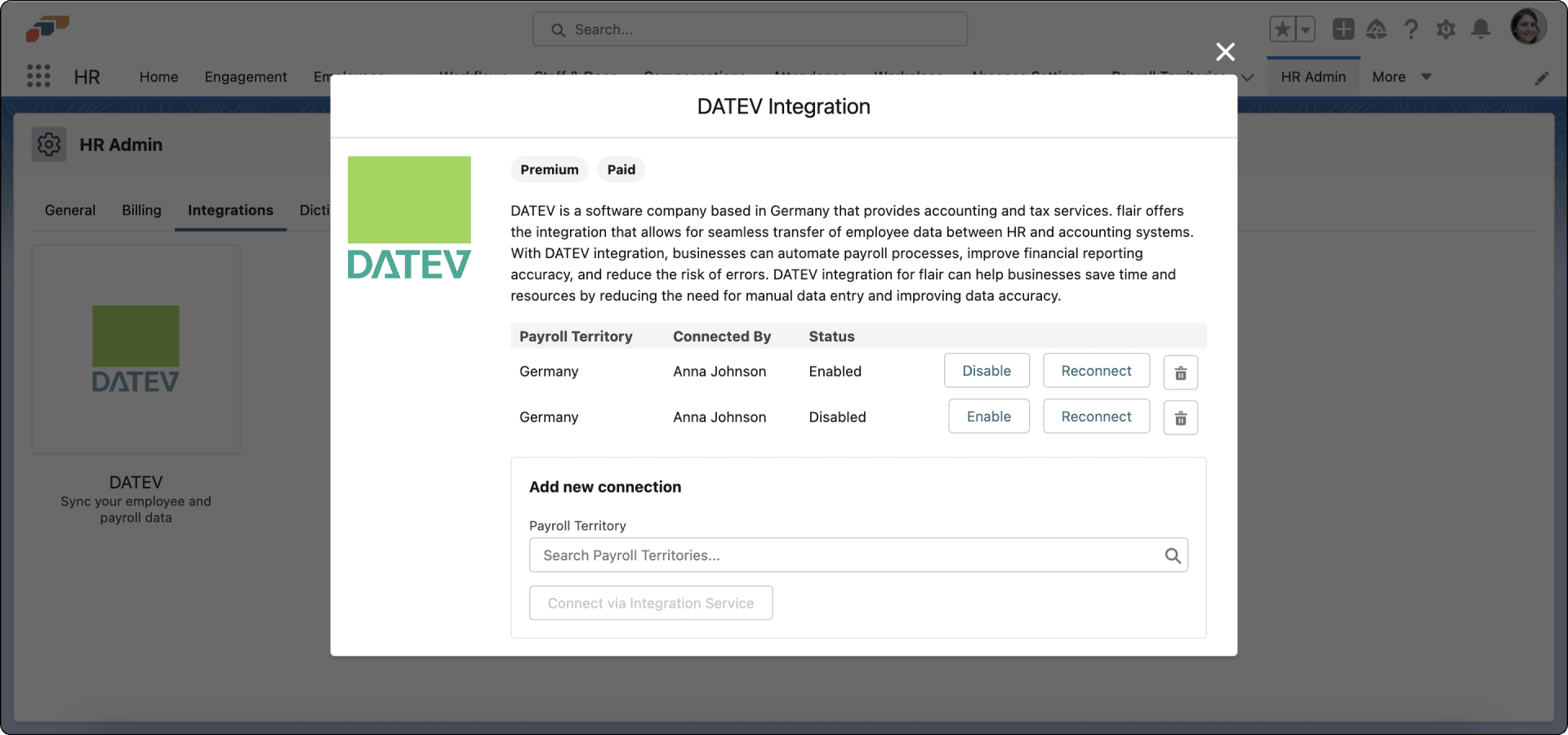 Aktivierte DATEV-Integration unter HR-Administration