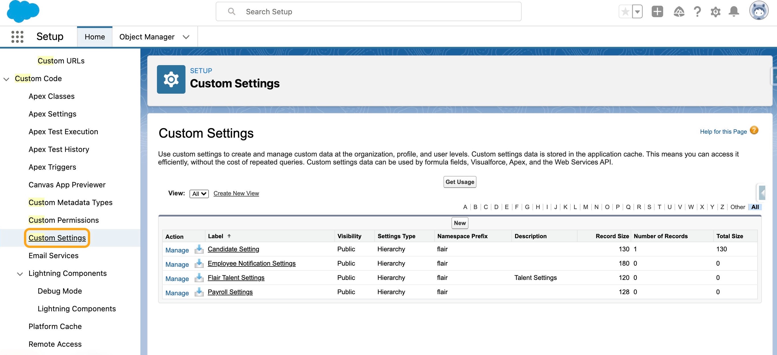Custom Settings in Salesforce Setup