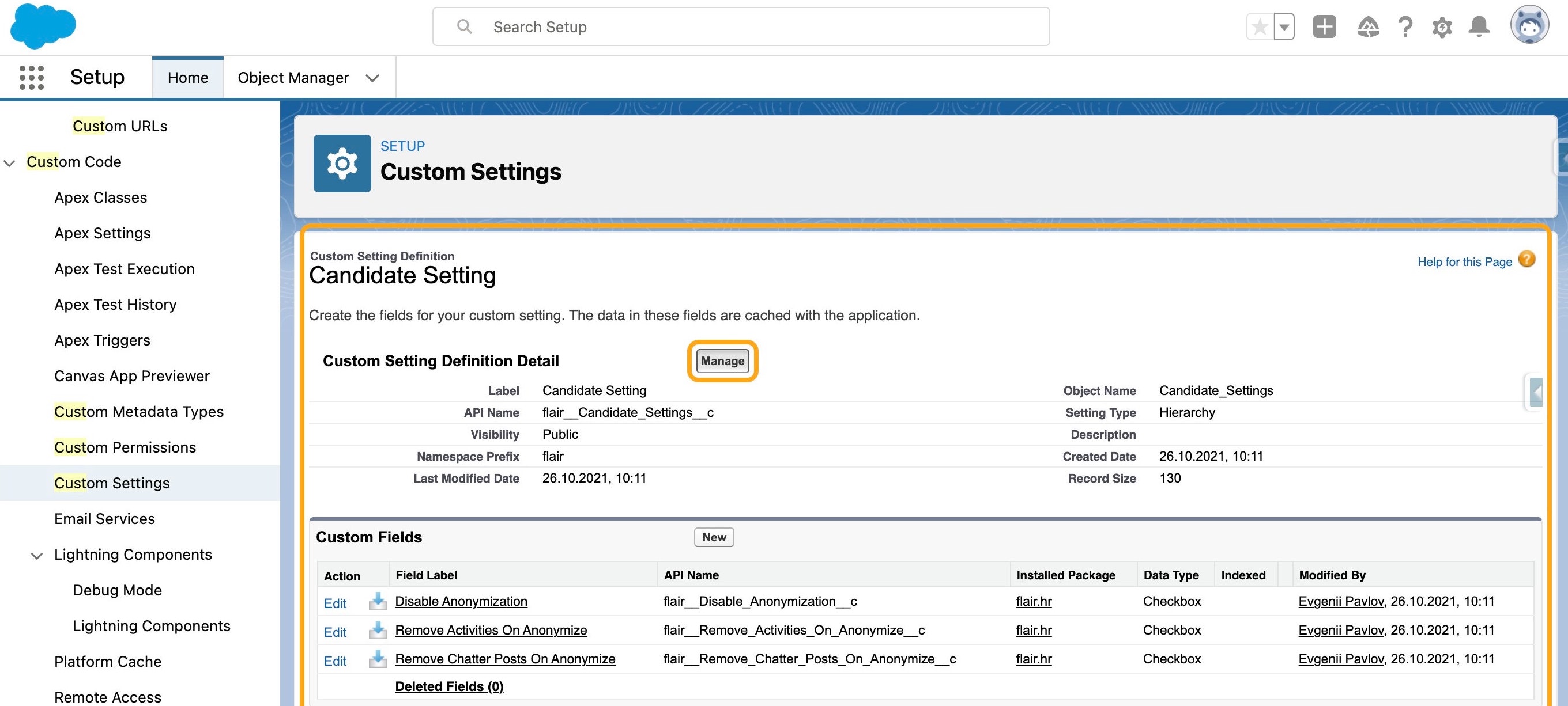 Aktion Manage für Candidate Setting