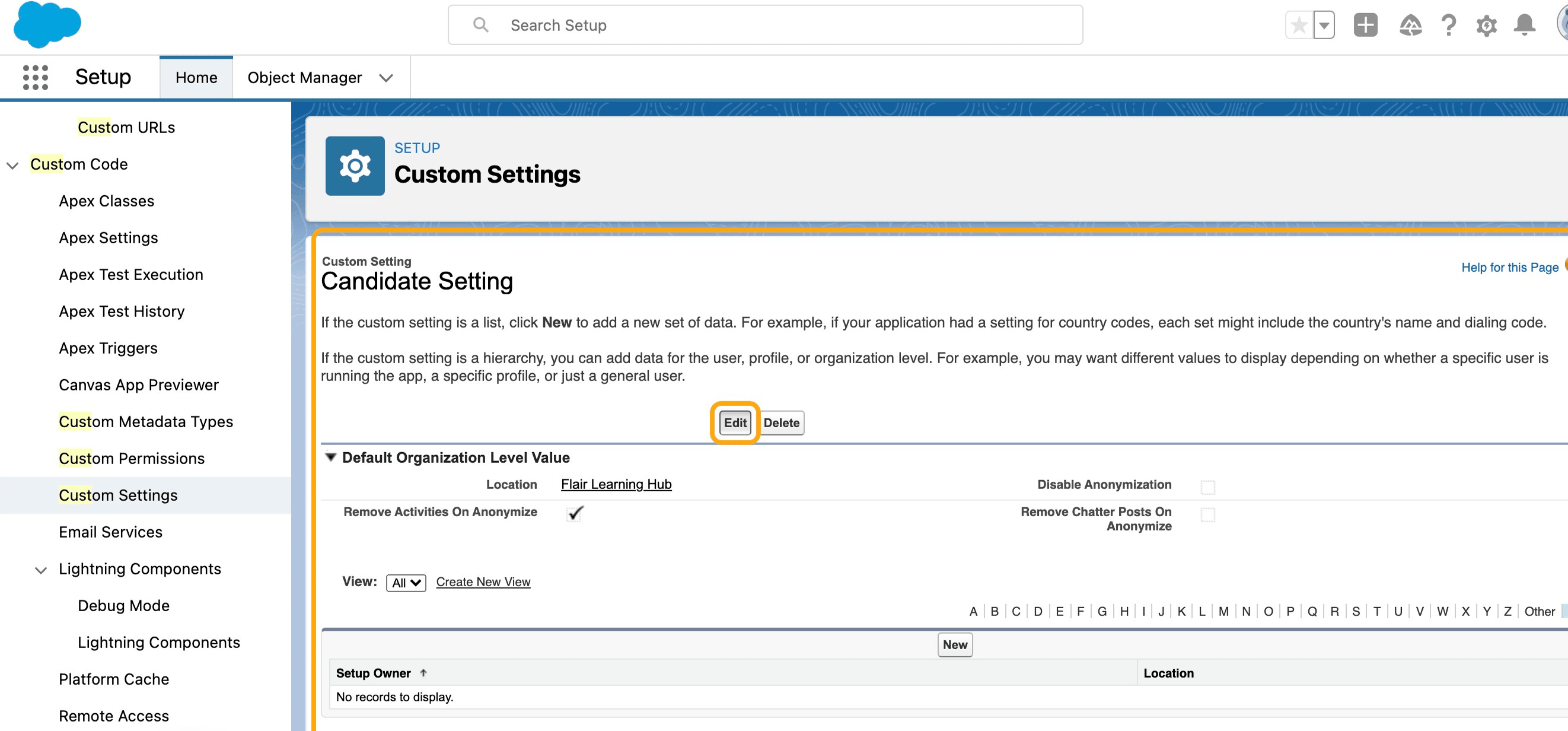 Aktion Edit für Candidate Setting