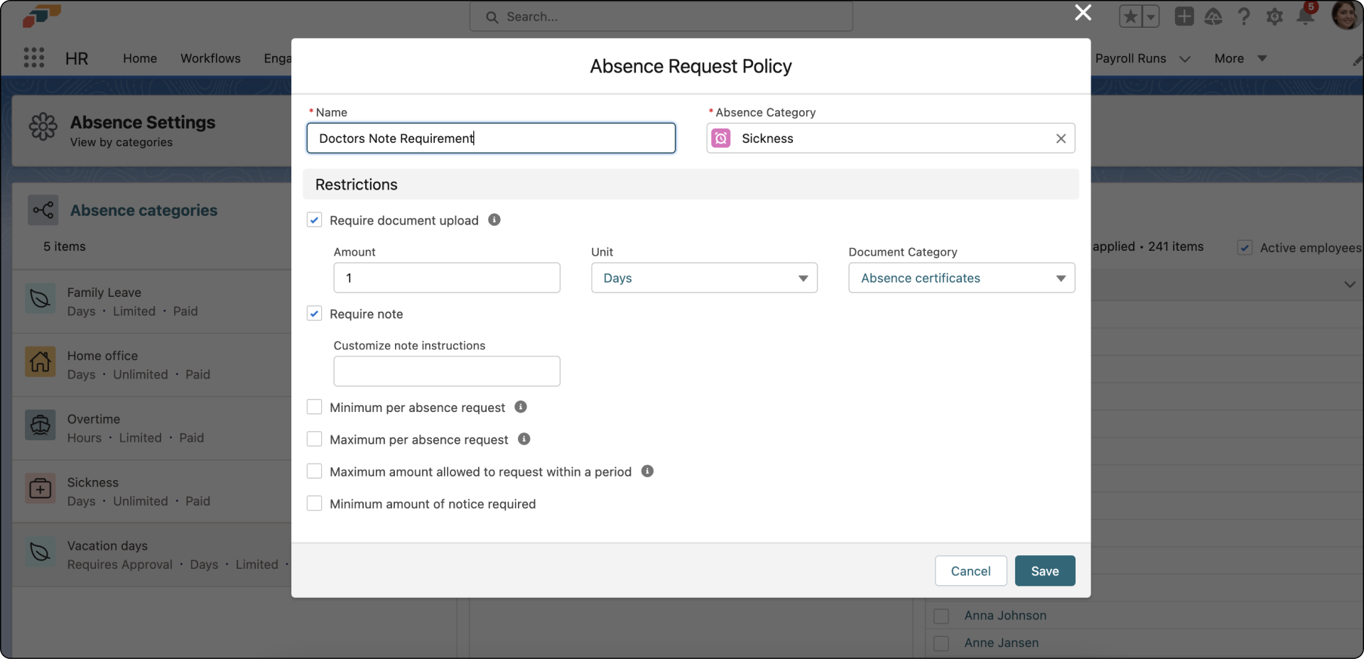 Funktion „Absence Request Policies“ in flair HR.