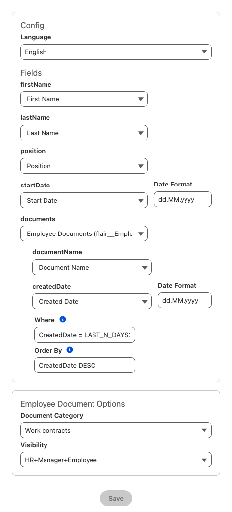 Liste Felder eines Document Template mit einem Schleifen-Tag, das einer untergeordneten Beziehung zugeordnet und erweitert ist, mit untergeordneten Feldern, Wo und Sortieren nach