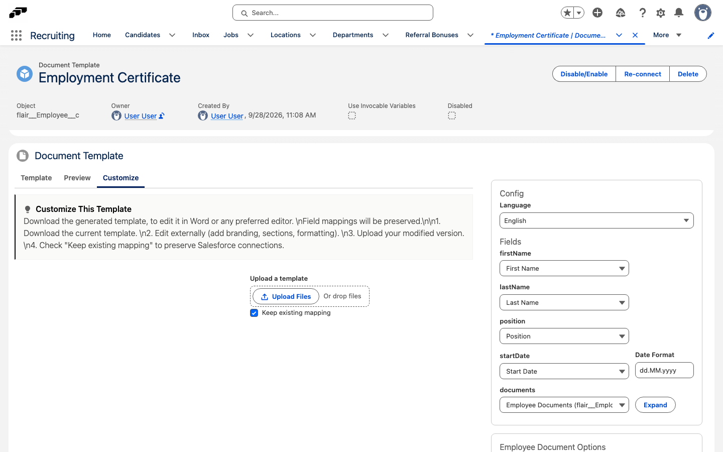 Tab Anpassen eines Document Template mit dem Steuerelement Vorlage hochladen und dem Kontrollkästchen Vorhandene Zuordnung beibehalten