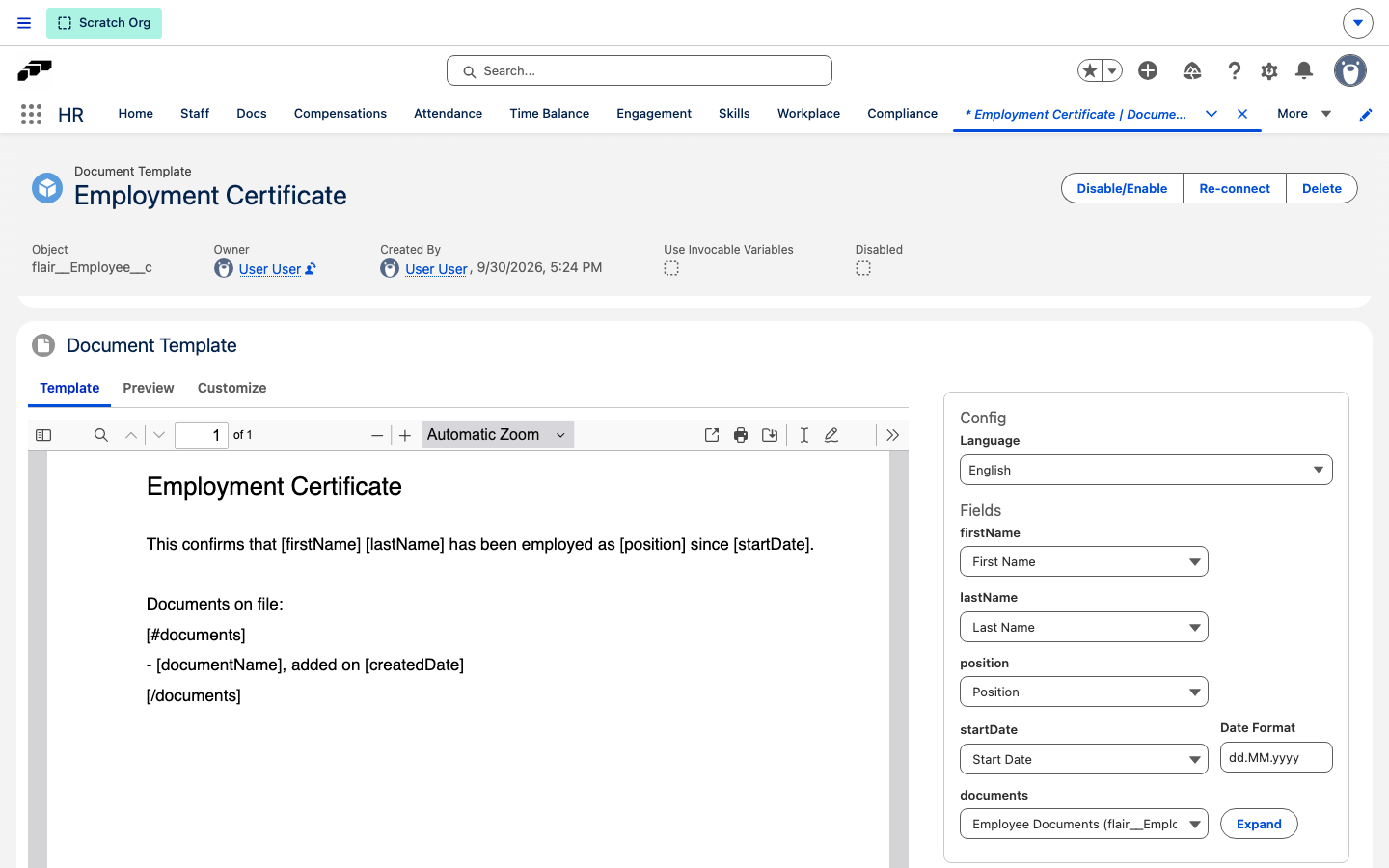 Ein Document Template mit der hochgeladenen Datei links und den erkannten Merge-Tags, die rechts Salesforce-Feldern zugeordnet sind