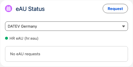 Die Karte eAU-Status in einem Abwesenheitsdatensatz mit der für eAU verbundenen DATEV-Integration und der Schaltfläche Anfrage