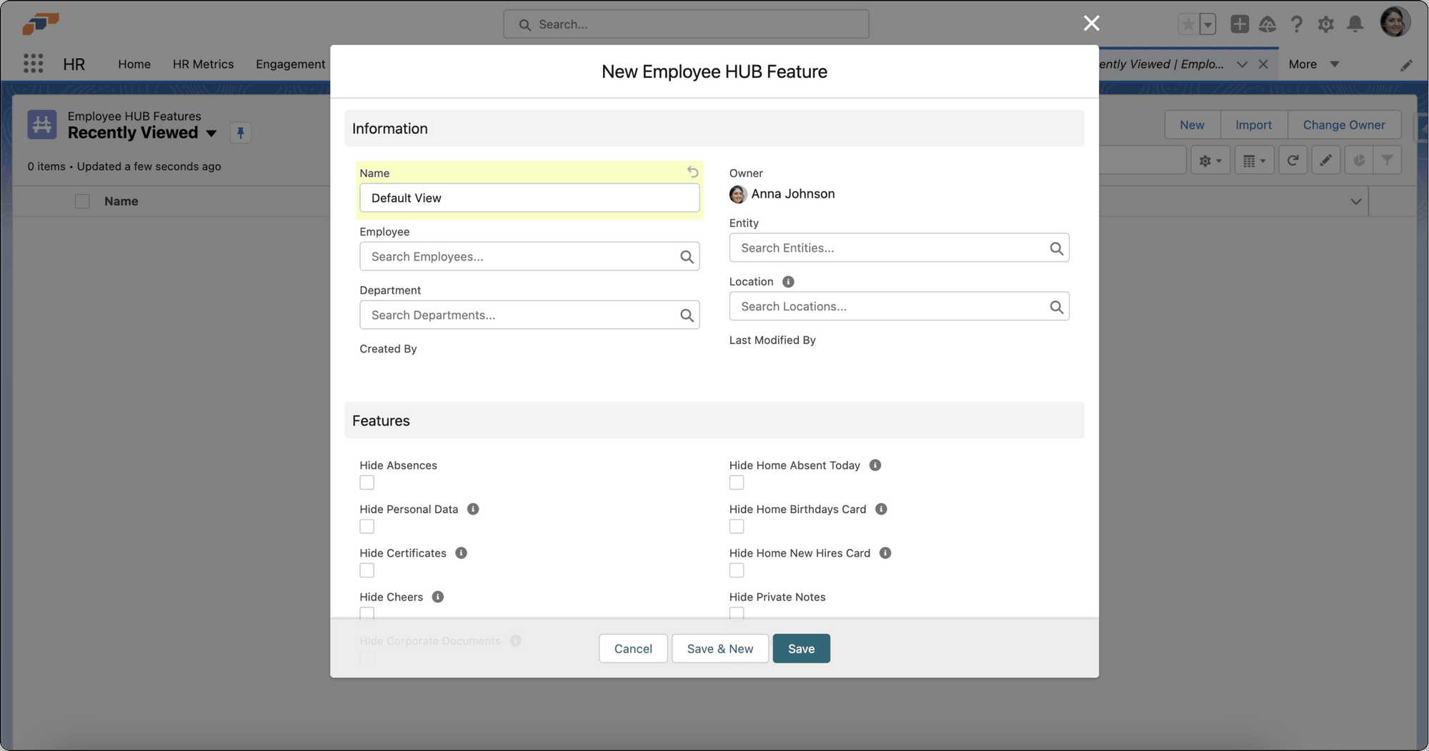 Abschnitte Information und Features