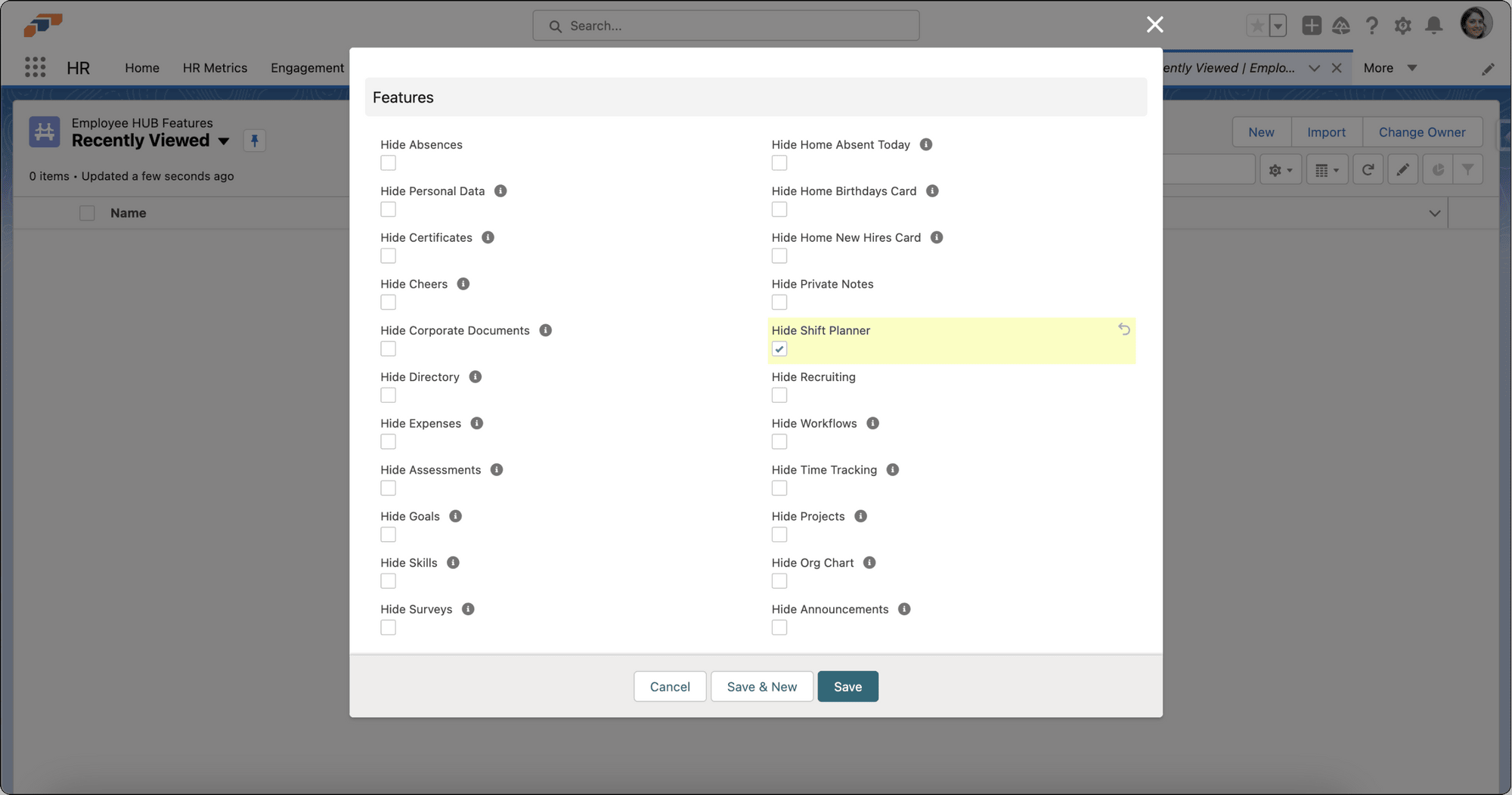 Checkboxen für die Sichtbarkeit von Funktionen