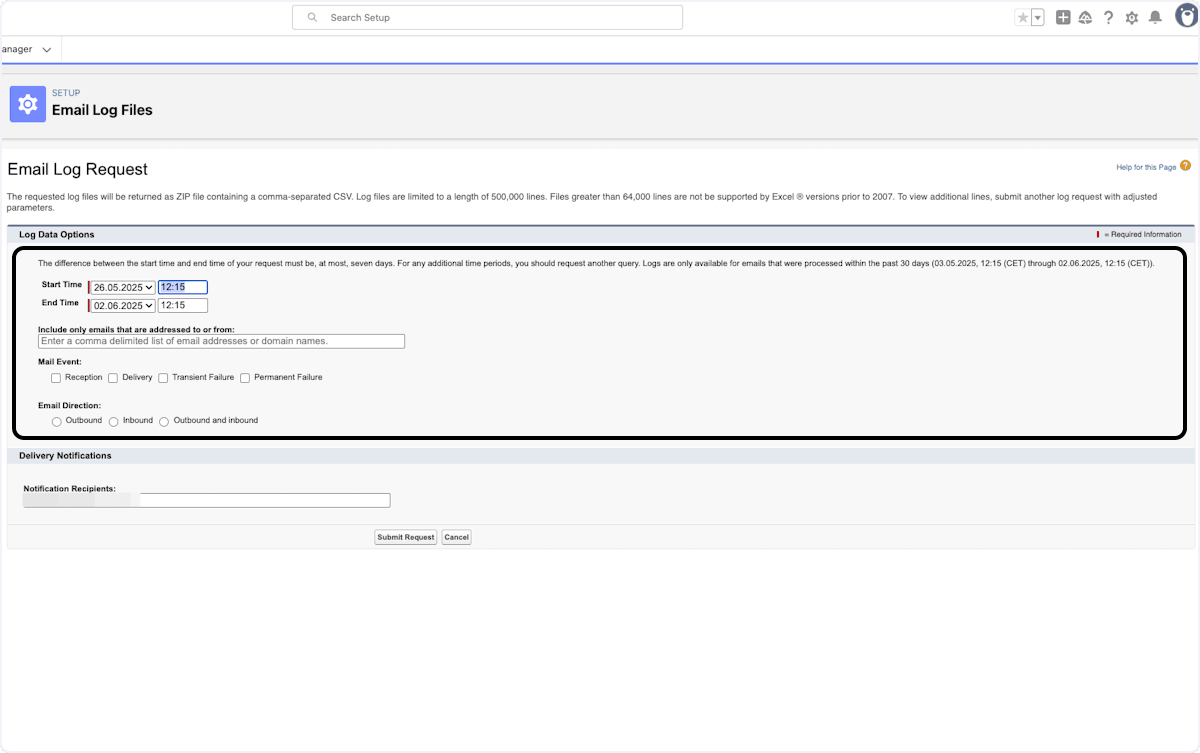 Start- und Endzeit einer E-Mail-Protokollanfrage