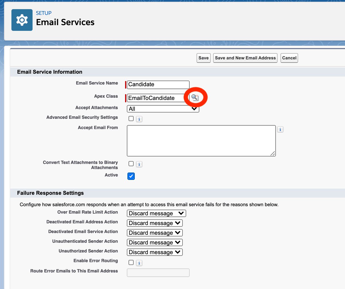 Name des Candidate-E-Mail-Dienstes in Salesforce