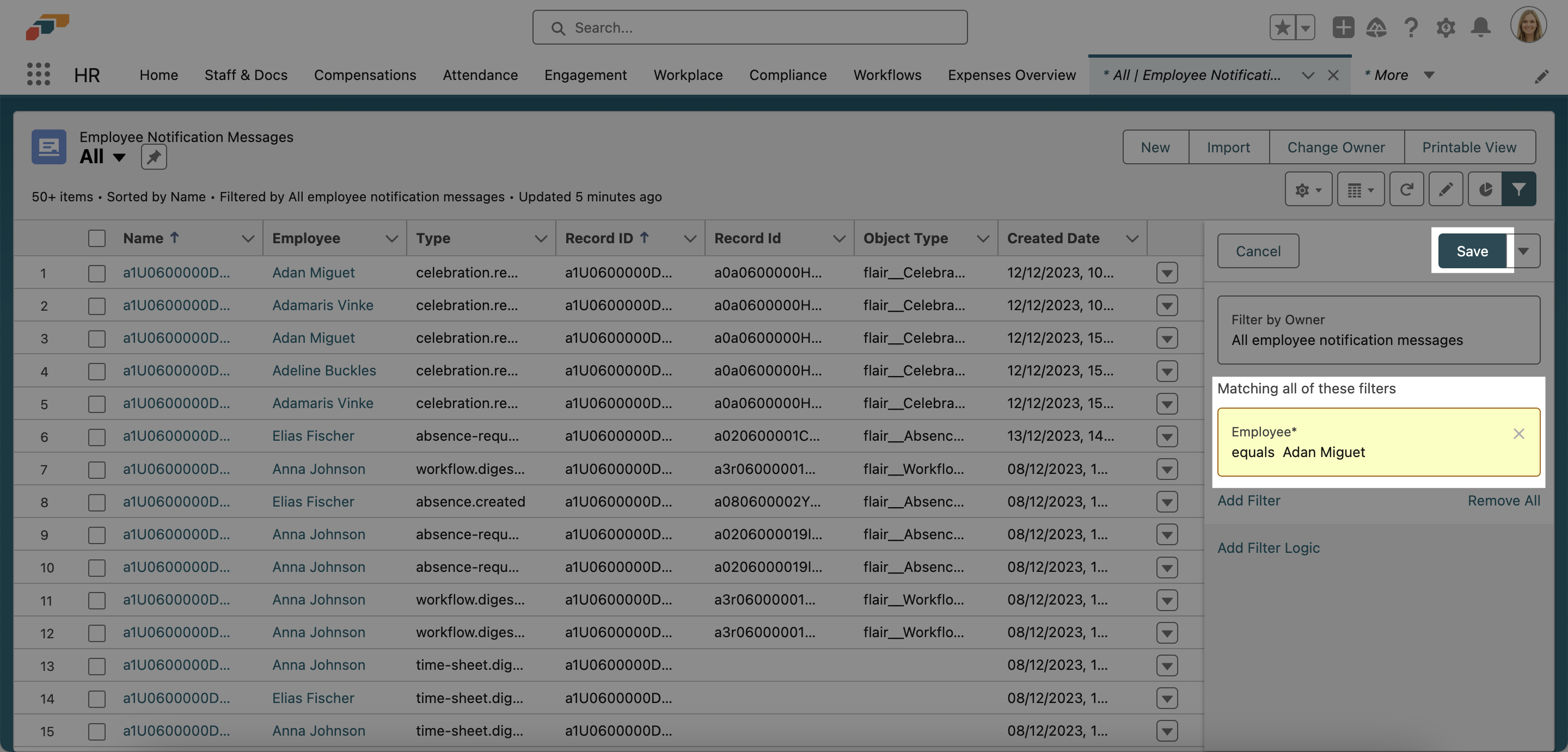 Using filters to find and delete records associated with an employee in Salesforce