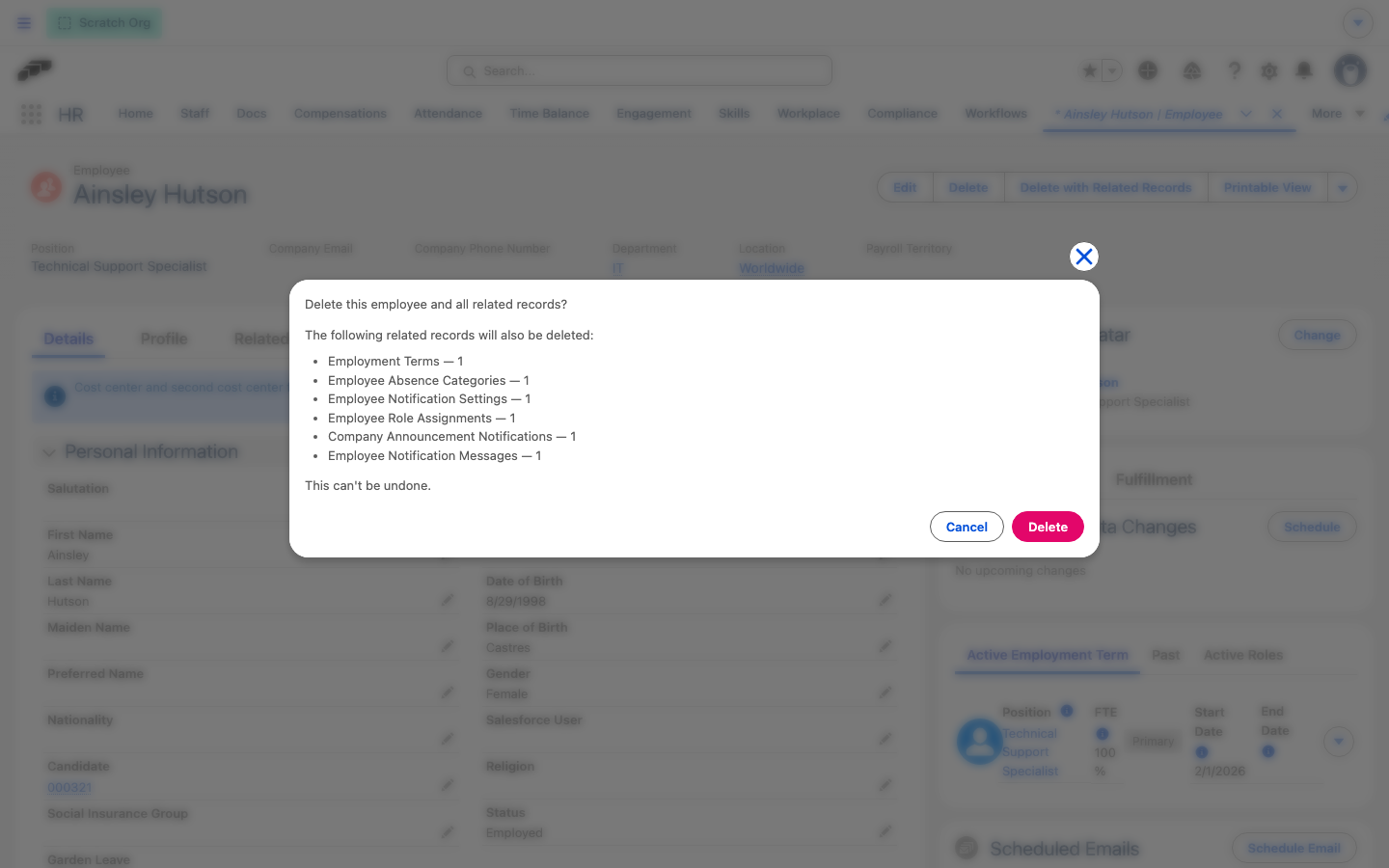 Der Dialog Mit zugehörigen Datensätzen löschen in einem Mitarbeiterdatensatz mit den zugehörigen Datensatztypen und deren Anzahl, die ebenfalls gelöscht werden