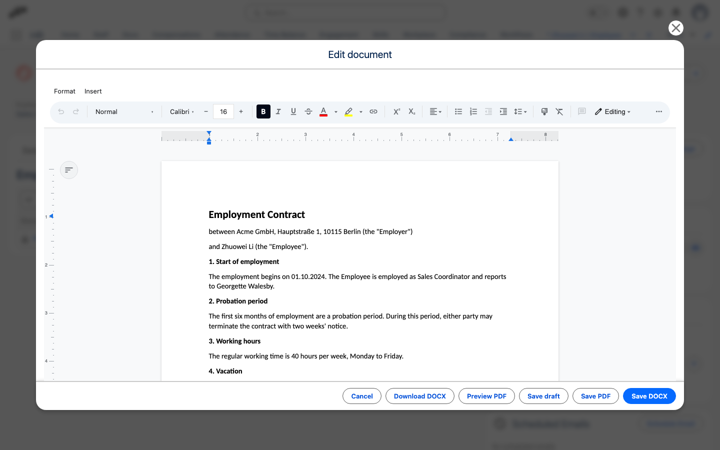 Das Fenster Dokument bearbeiten mit dem zusammengeführten Dokument im Editor und den Schaltflächen DOCX herunterladen, PDF-Vorschau, Entwurf speichern, PDF speichern und DOCX speichern