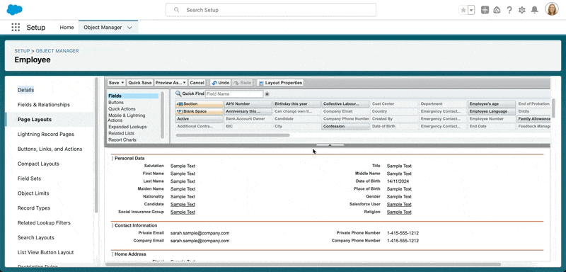Ansicht Mitarbeiter hub Seitenlayout für Datenlayout des Employee Hub konfigurieren