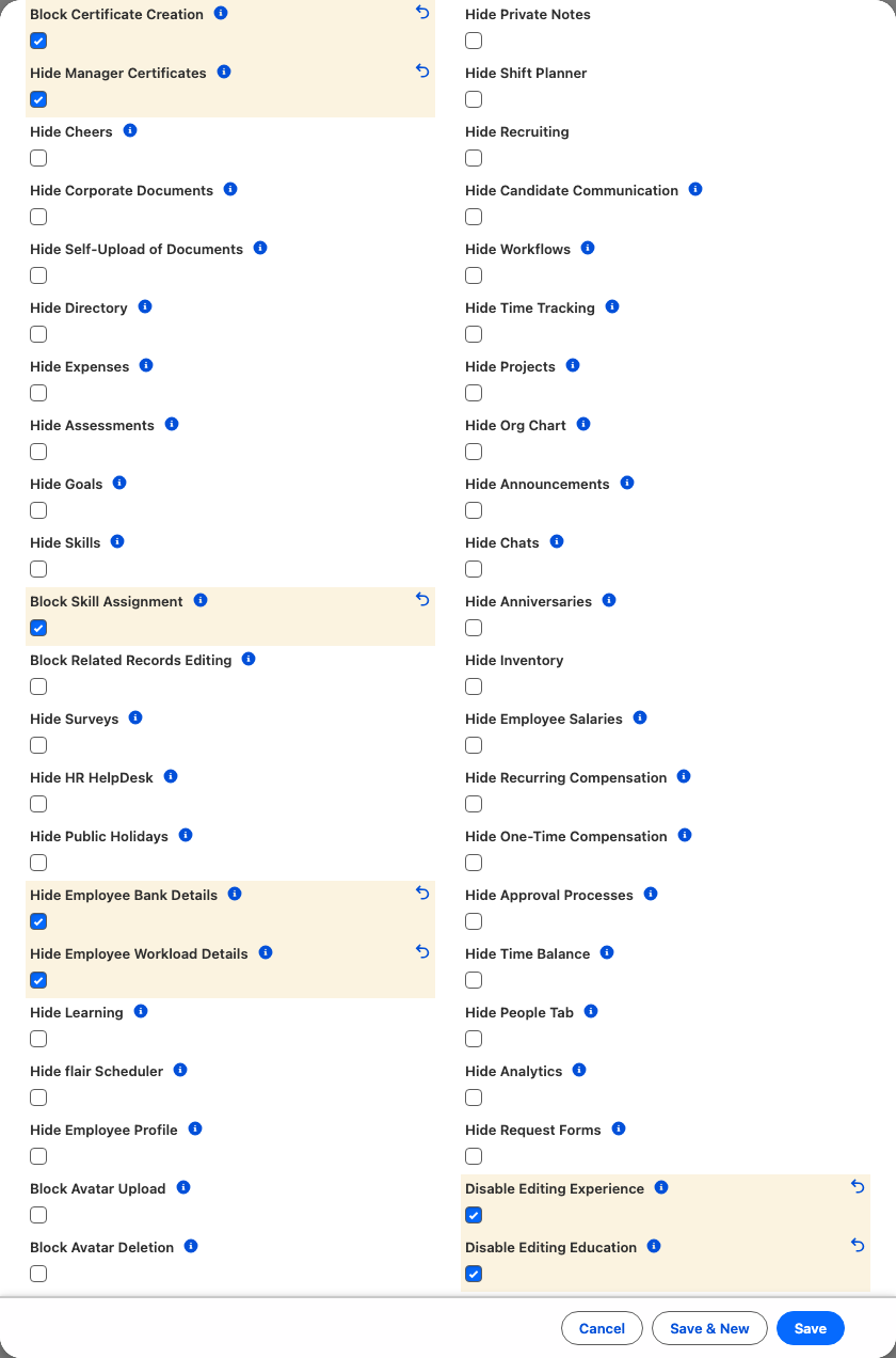 Einstellungen für Profil und Sichtbarkeit für Manager auf einem neuen Datensatz vom Typ Funktion von Employee Hub in Salesforce