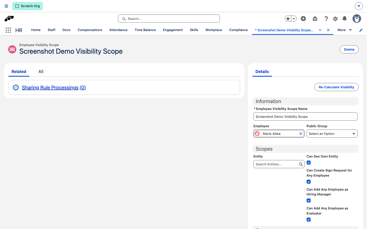 Der Abschnitt Scopes eines Employee Visibility Scope-Datensatzes mit Can See Own Entity, gefolgt von den Checkboxen Can Create Sign Request for Any Employee, Can Add Any Employee as Hiring Manager und Can Add Any Employee as Evaluator