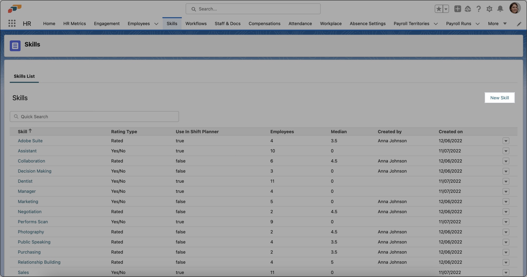 Sie können eine Liste wichtiger Mitarbeiterfähigkeiten in der flair HR-App in Salesforce erstellen