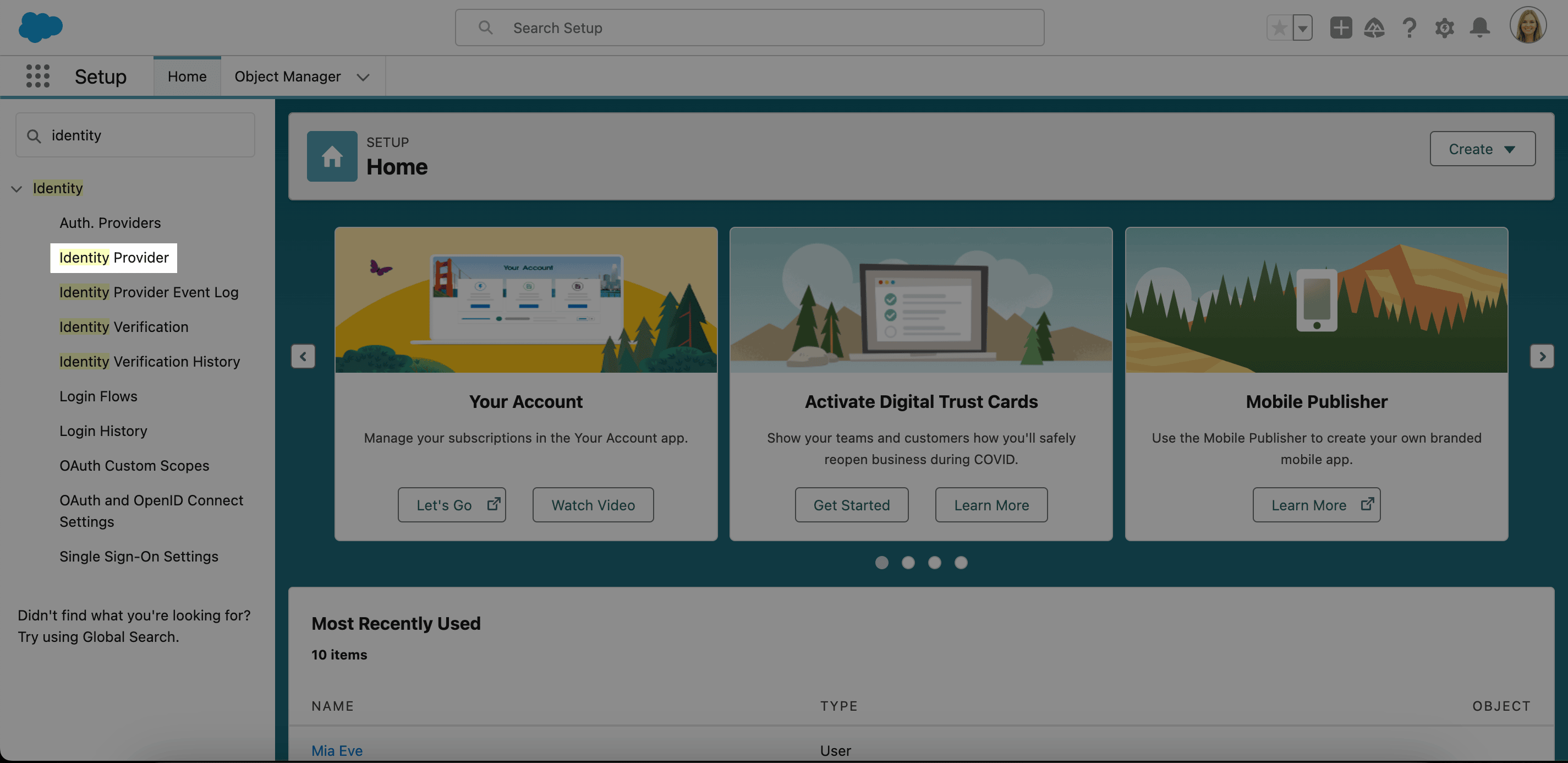 Option Das Salesforce Setup und verwenden Sie die Suchleiste im linken Menü, um Identity Provider zu finden in SAML-SSO mit Salesforce konfigurieren