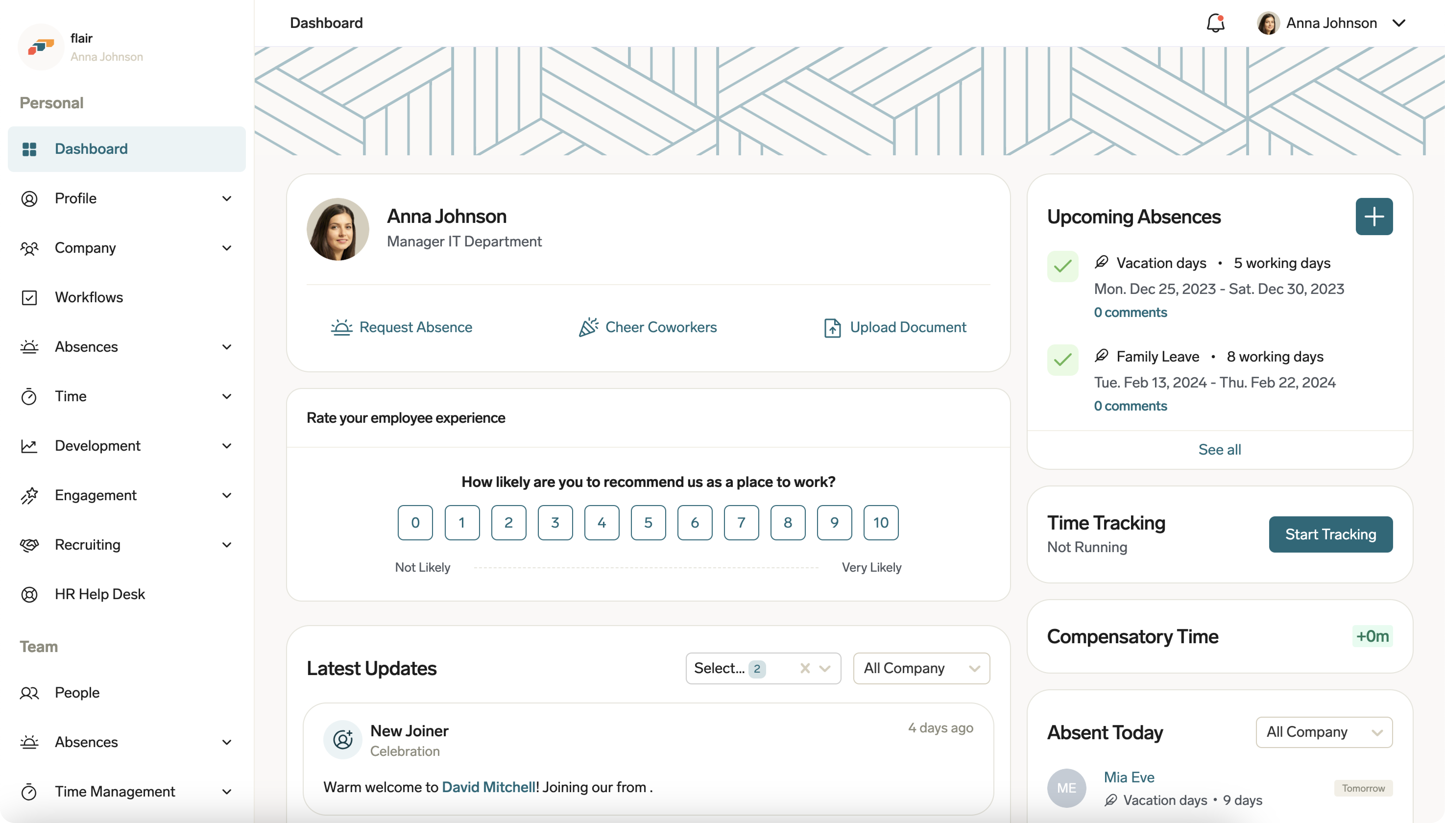 The flair Employee Hub dashboard