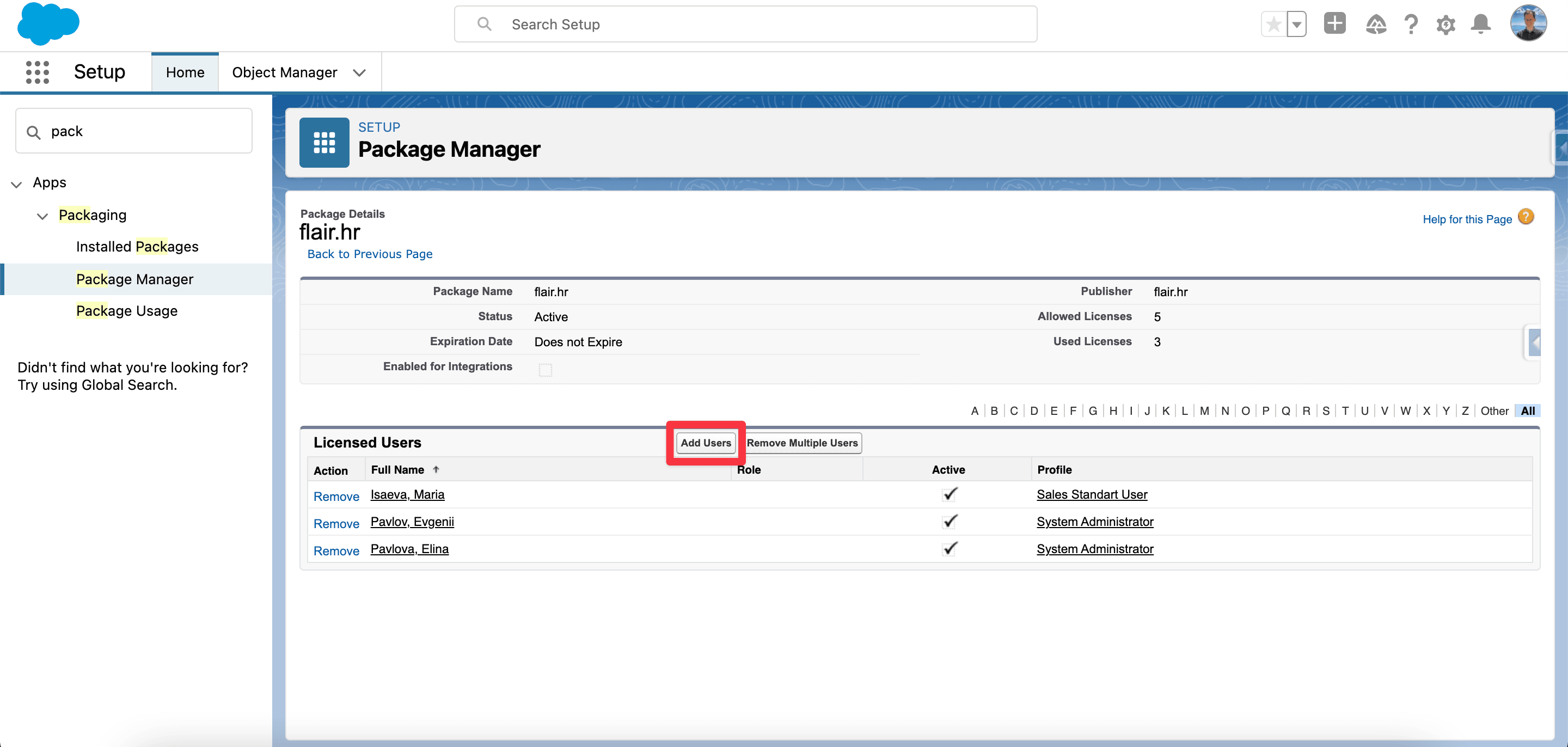 Aktion Add Users für flair-Paketlizenzen