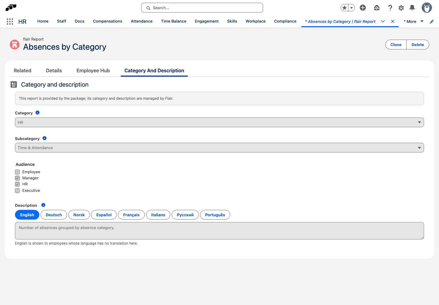 Der Tab Kategorie und Beschreibung eines flair Reports mit Kategorie, Unterkategorie, Zielgruppe und einer übersetzbaren Beschreibung