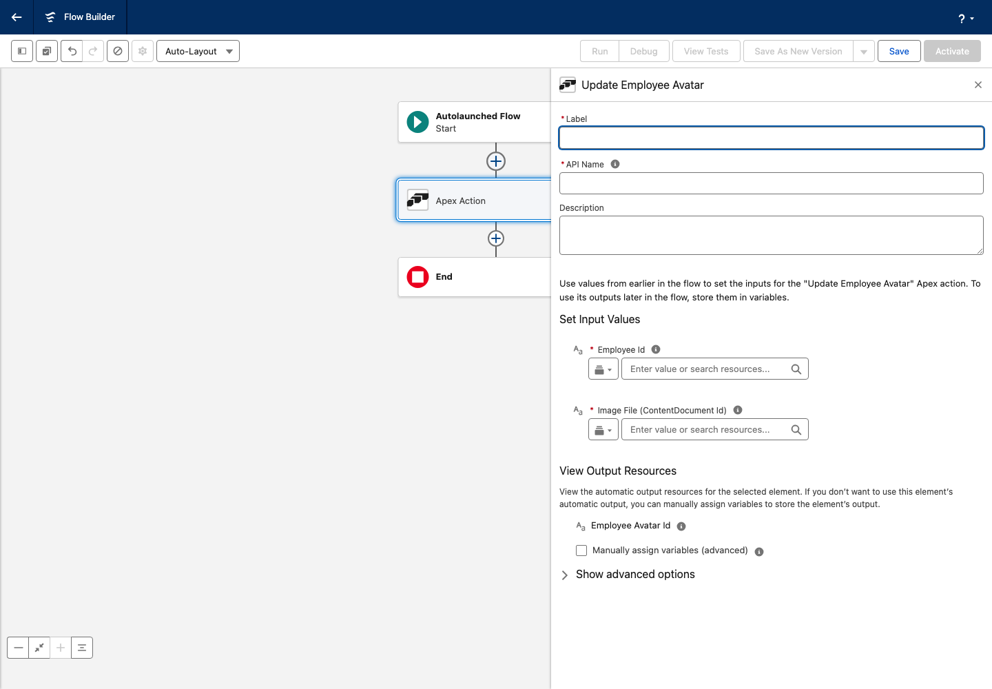Die Aktion Update Employee Avatar in Flow Builder mit den Eingaben Employee Id und Image File (ContentDocument Id)