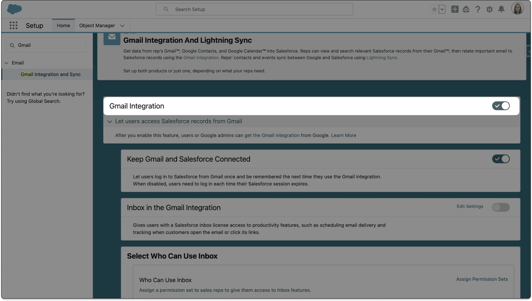 Aktiviertes Gmail auf der Seite Email Integration and Lightning Sync