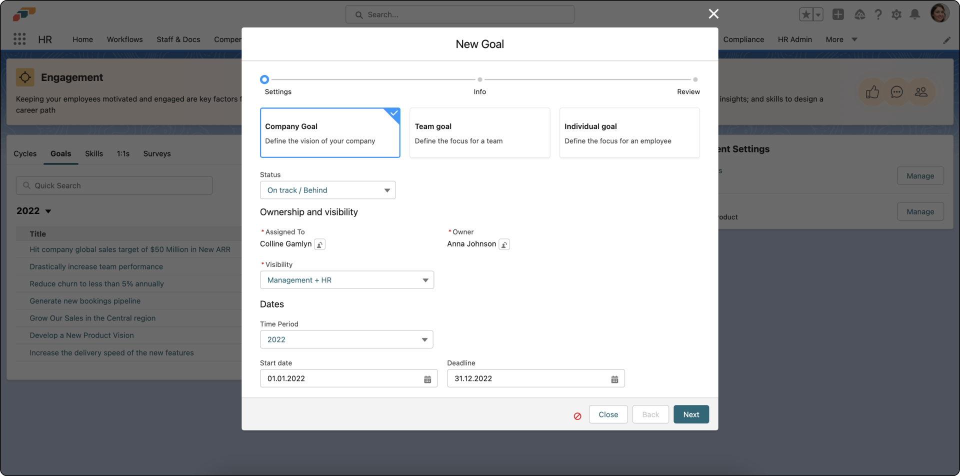 Managers can review employee performance in the Employee Hub
