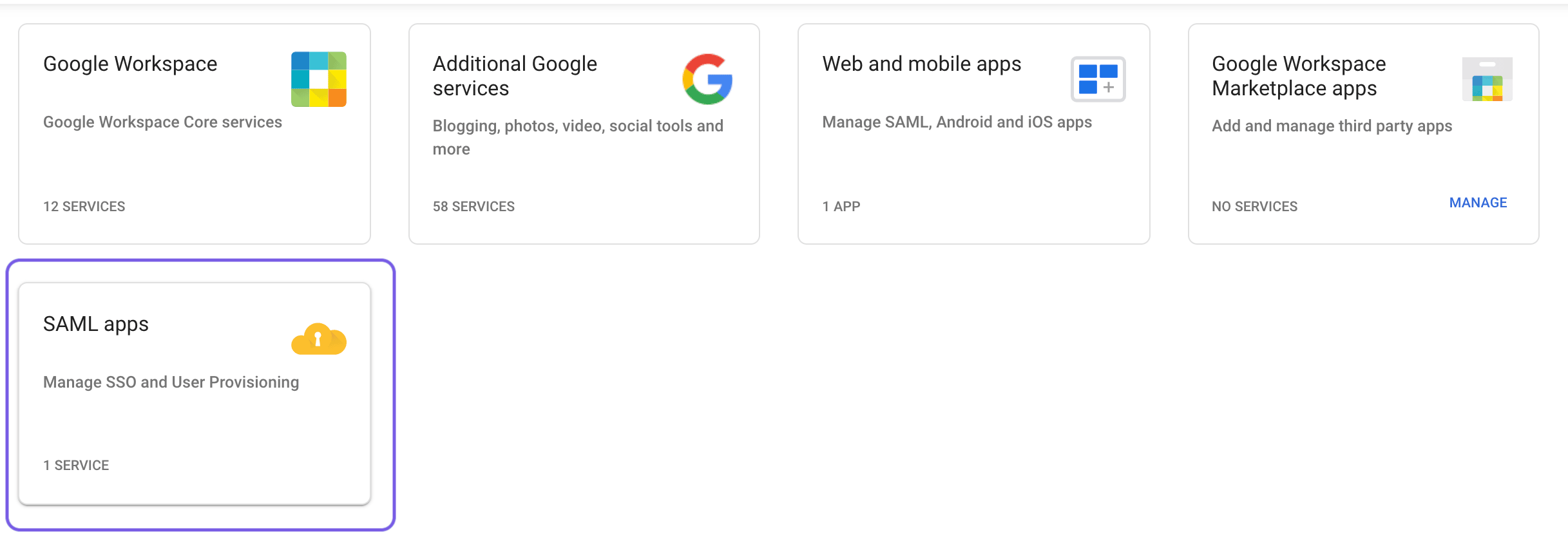 Option Als Nächstes auf SAML apps in SAML-SSO mit Google konfigurieren hervorgehoben