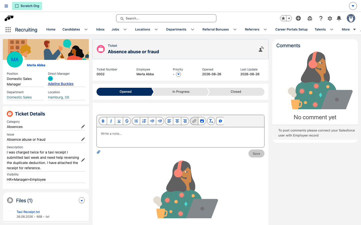 Ein Salesforce-Ticket-Datensatz mit dem Panel Ticket Details, dem Feld Sichtbarkeit und der verwandten Liste Dateien