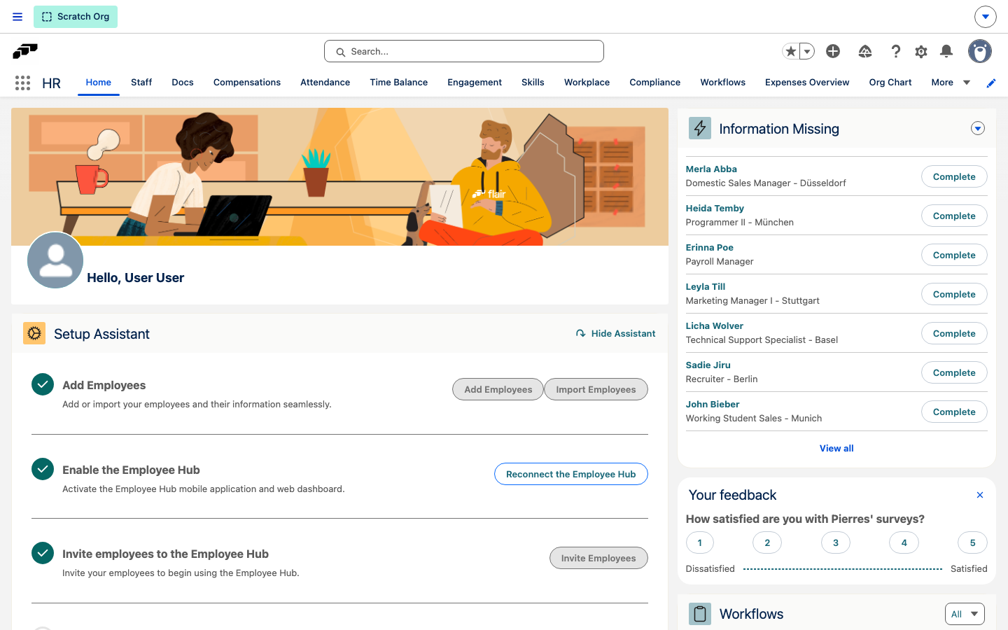 Karte Information Missing auf HR Home in Salesforce mit Mitarbeitern mit fehlenden Feldern