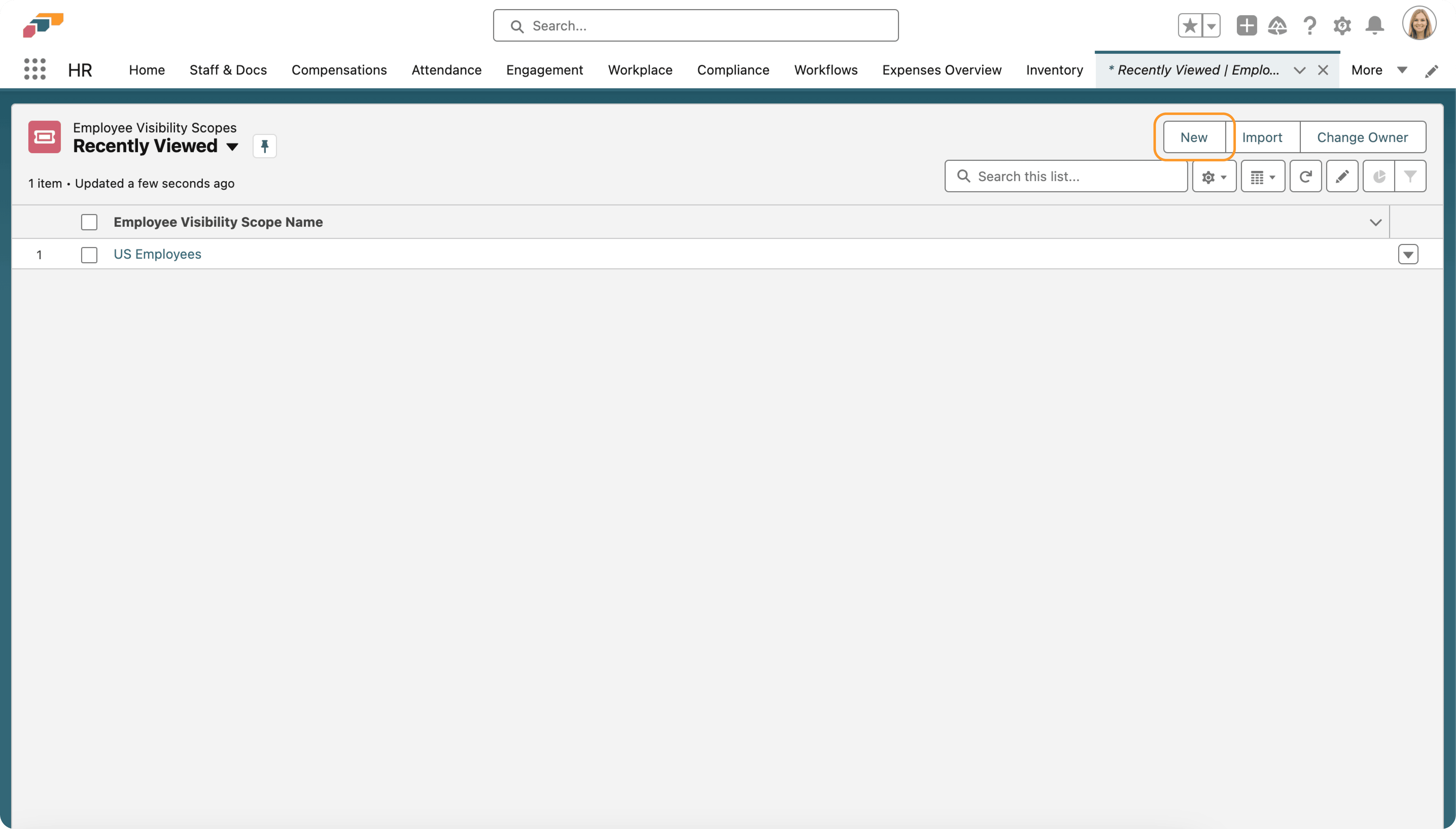 Aktion New für einen Employee Visibility Scope