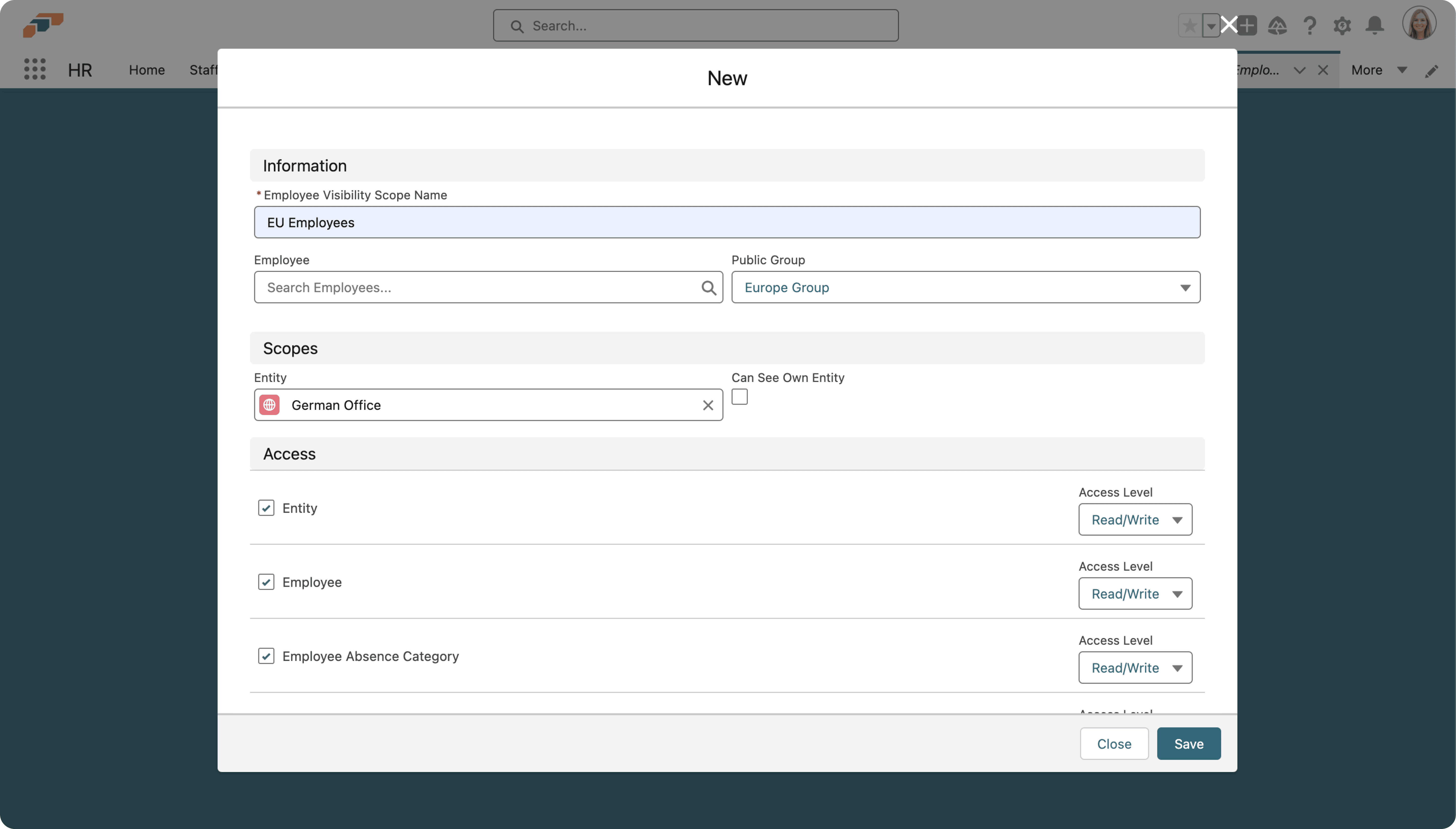 Mitarbeiter und Entities in einem Employee Visibility Scope