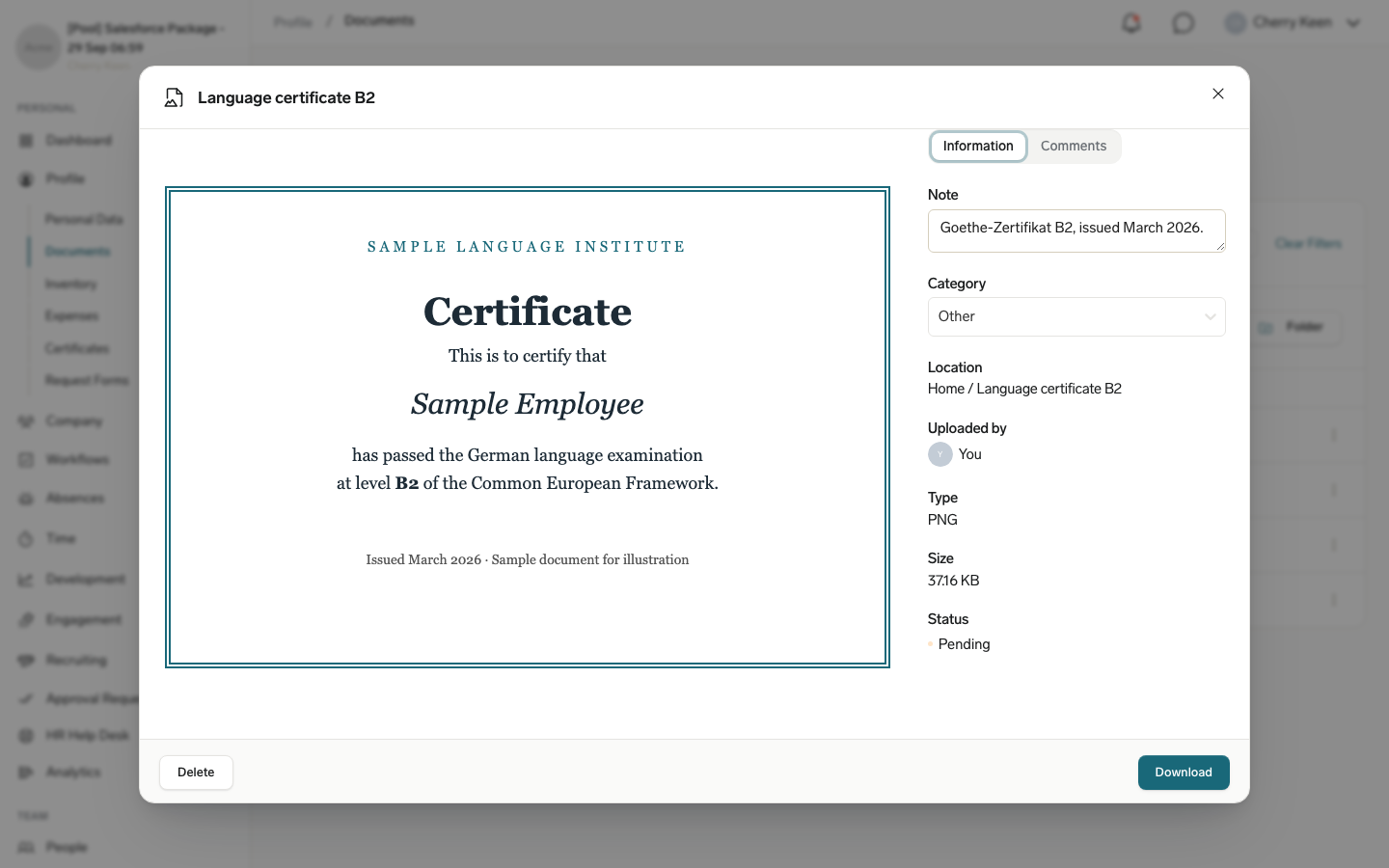 Ein selbst hochgeladenes Dokument im Employee Hub mit dem Tab Informationen und den bearbeitbaren Feldern Notiz und Kategorie, neben dem Tab Kommentare