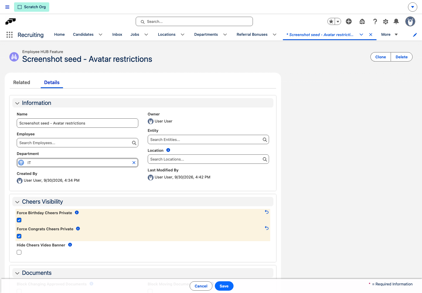 Der Abschnitt Cheers Visibility eines Datensatzes Funktion von Employee Hub mit aktiviertem Geburtstagslob immer privat und Glückwunsch-Lob immer privat