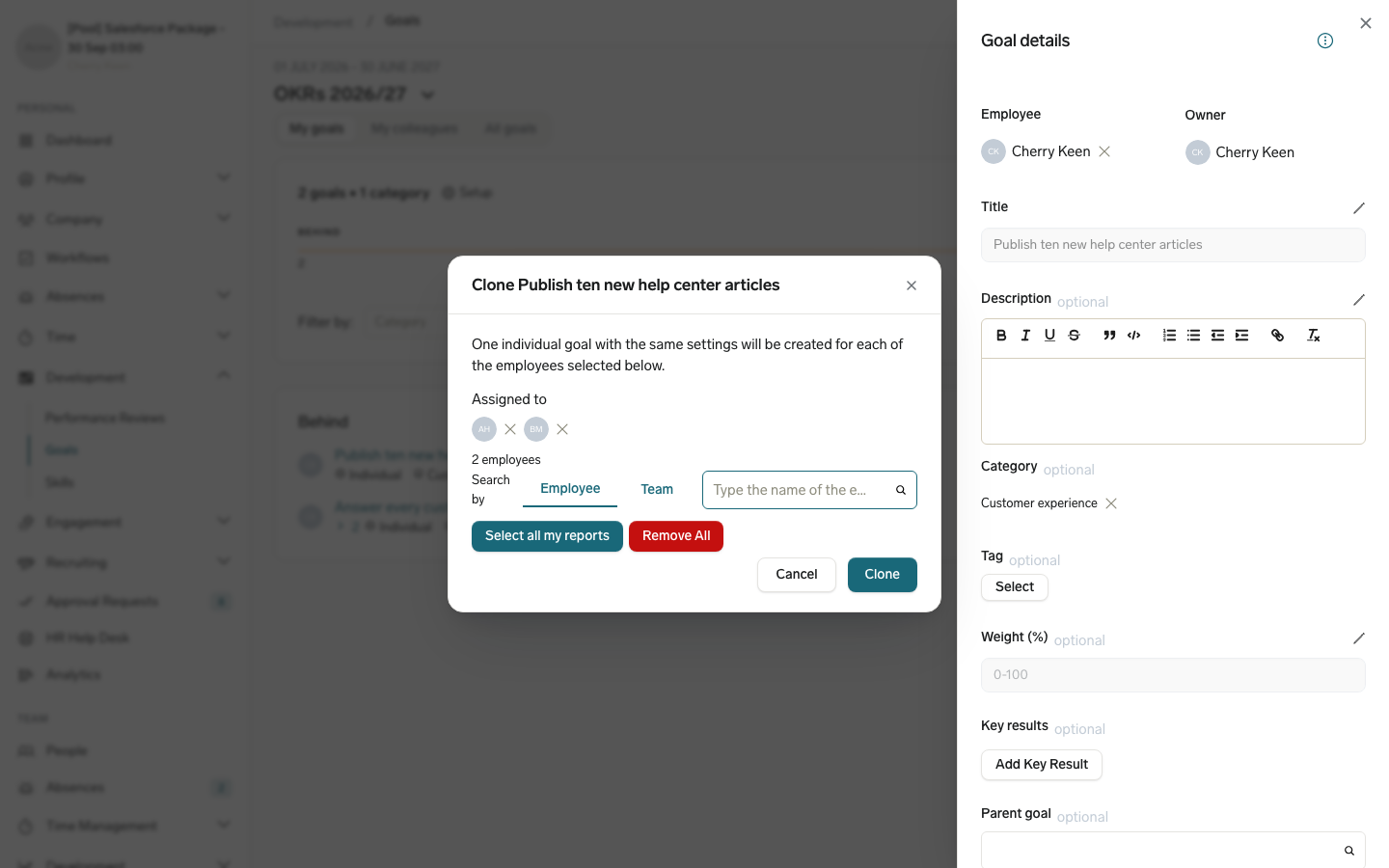 Das Modal zum Kopieren eines Ziels mit zwei ausgewählten Mitarbeitern, den Suchoptionen Mitarbeiter und Team sowie den Schaltflächen Alle meine Reports auswählen und Kopieren