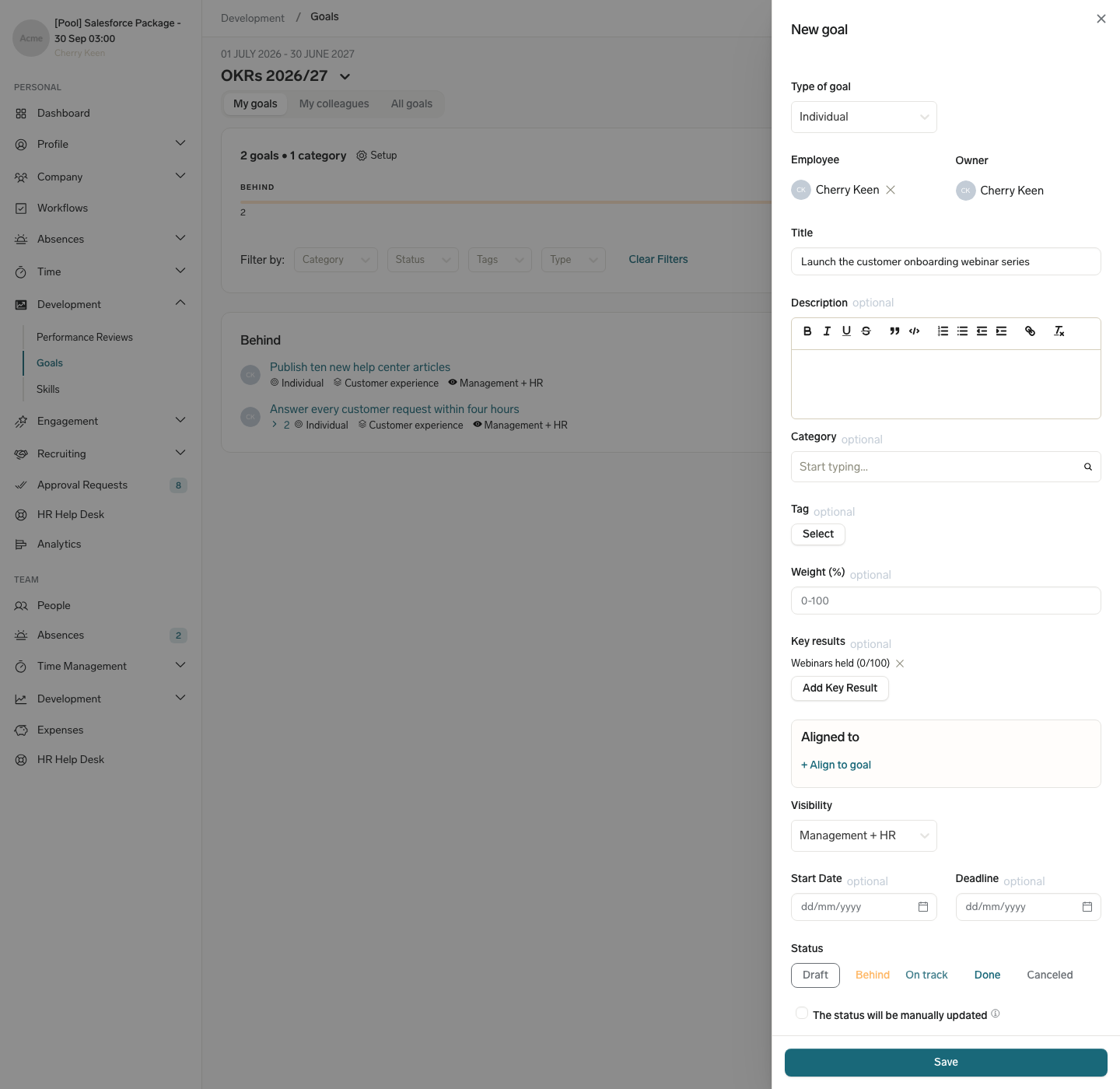 Die Seitenleiste Neues Ziel im Employee Hub mit einem Titel, einem Key Result, der Sichtbarkeit Management + HR und den Status-Schaltflächen