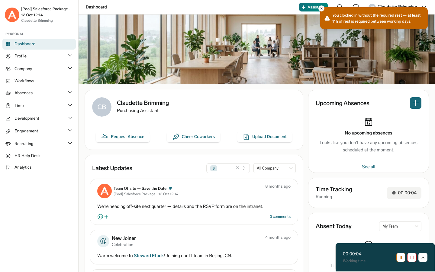 Das Dashboard im Employee Hub mit laufender Erfassung und einer Warnmeldung: ohne die erforderliche Ruhezeit eingestempelt, zwischen Arbeitstagen sind mindestens 11 Stunden Ruhezeit erforderlich