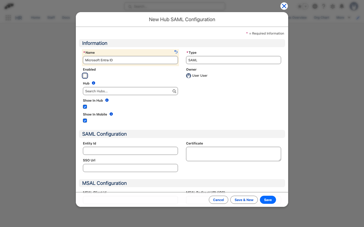 Das Hub-SAML-Konfigurationsformular mit ausgewählten Kontrollkästchen Im Hub anzeigen und In der Mobile-App anzeigen