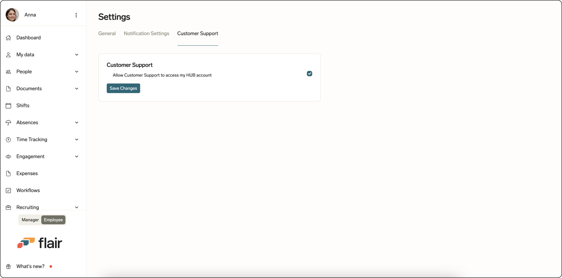 Employee Hub Support Access Settings