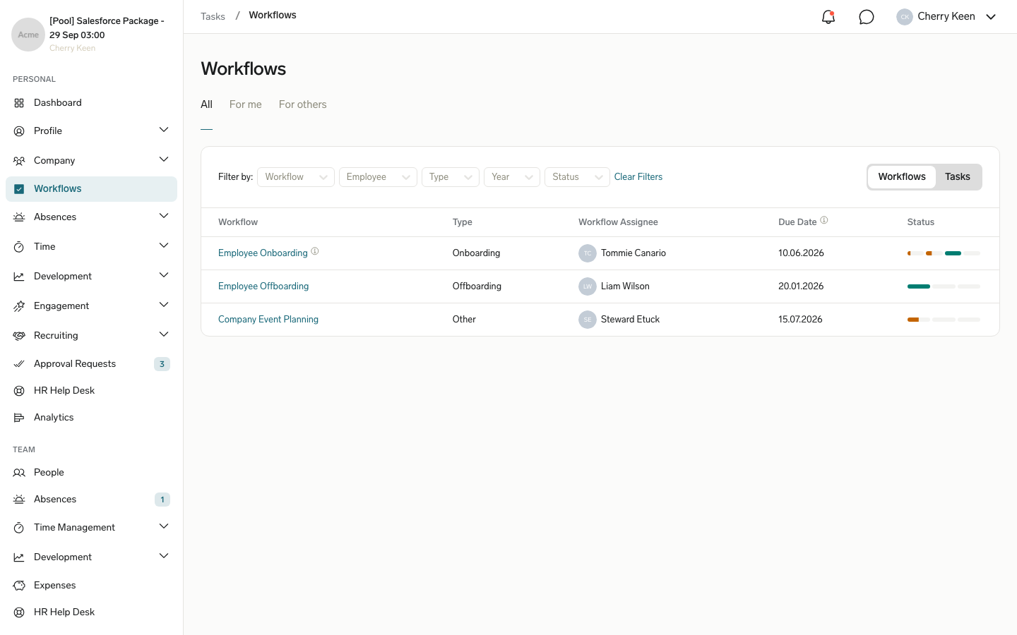 Die Seite Workflows im Employee Hub mit den Tabs Alle, Für mich und Für andere und den Workflows von Mitarbeitern