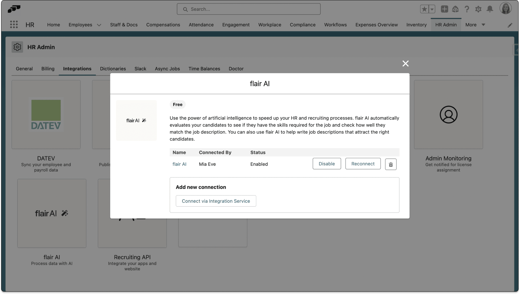 Die aktivierte flair AI Integration unter Schnittstellen