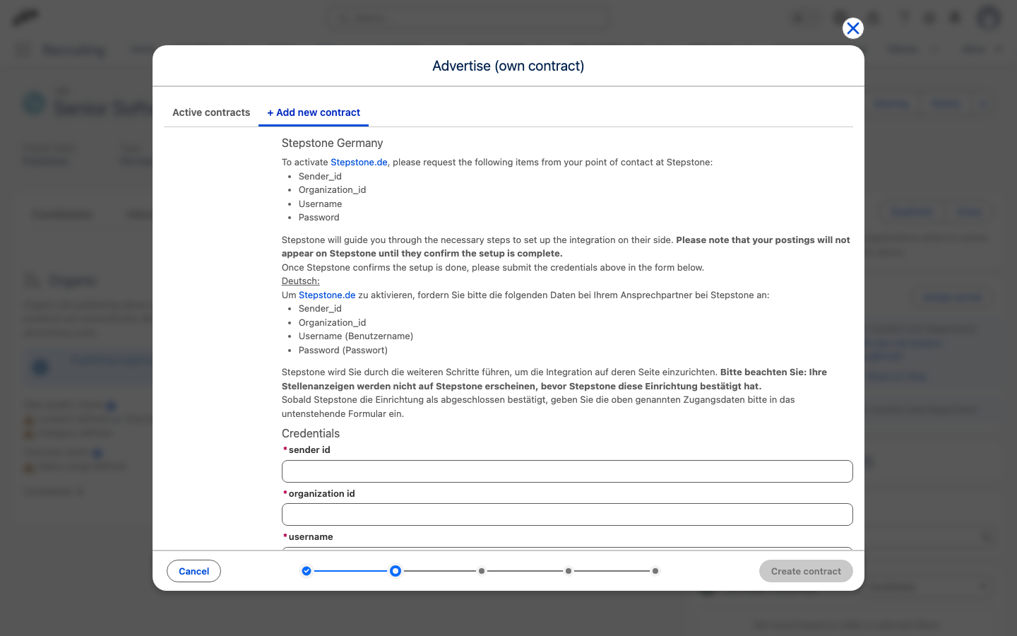 Der Tab Neuen Vertrag hinzuf ügen des Assistenten Werben (eigener Vertrag) mit ausgewähltem Kanal Stepstone Germany, seinen Einrichtungshinweisen und den Anmeldedatenfeldern