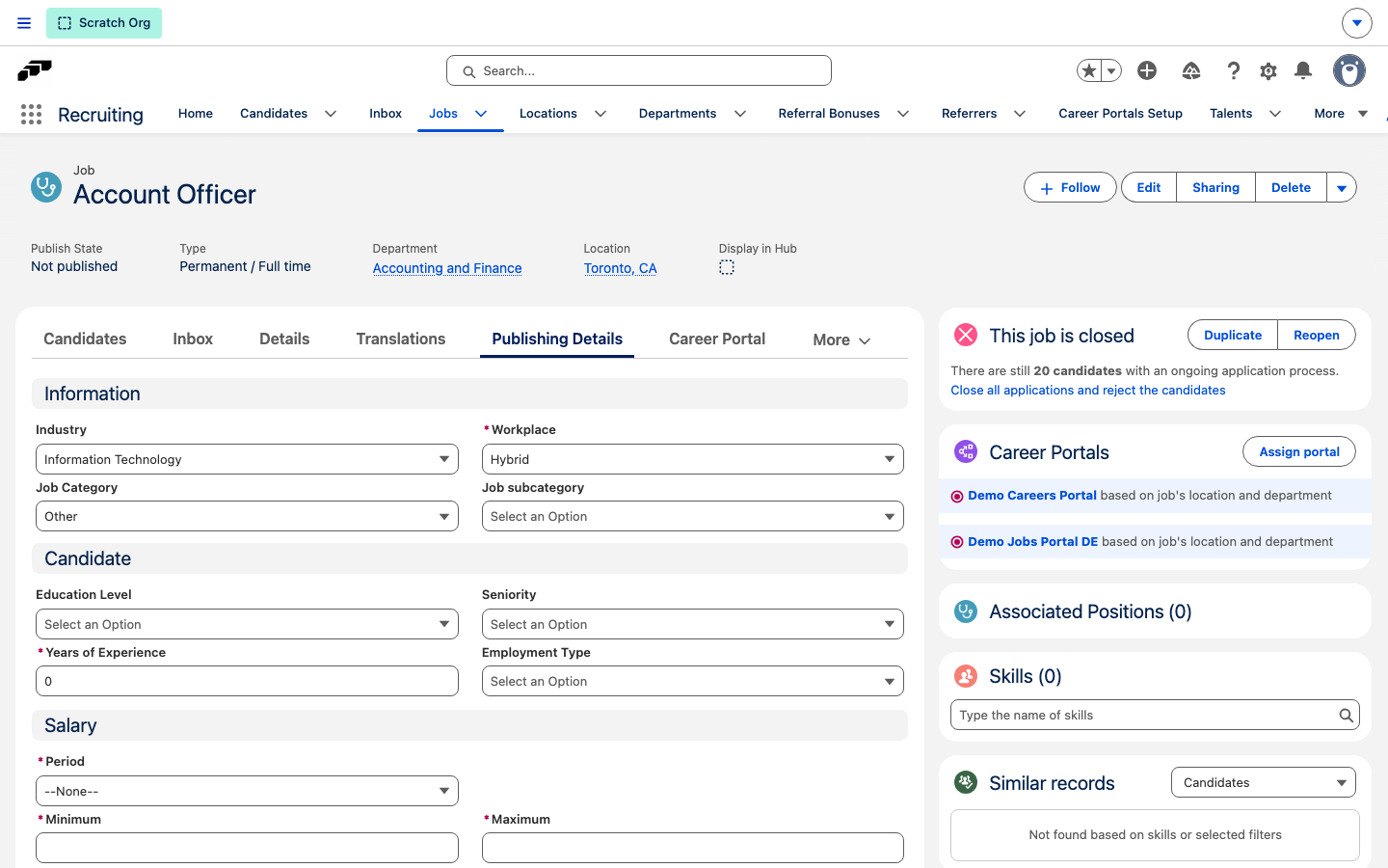 Bereich Information im Tab Details zur Veröffentlichung einer Stelle mit der Auswahlliste Arbeitsmodell neben Branche