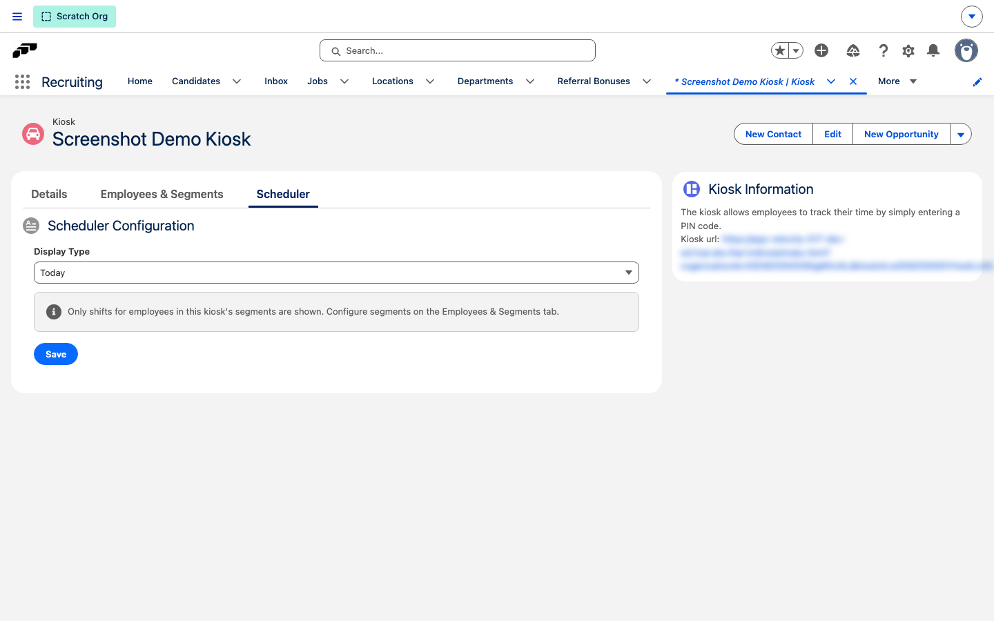 Die Karte Scheduler Configuration auf dem Tab Scheduler eines Kiosk-Datensatzes mit aktiviertem Show Scheduler