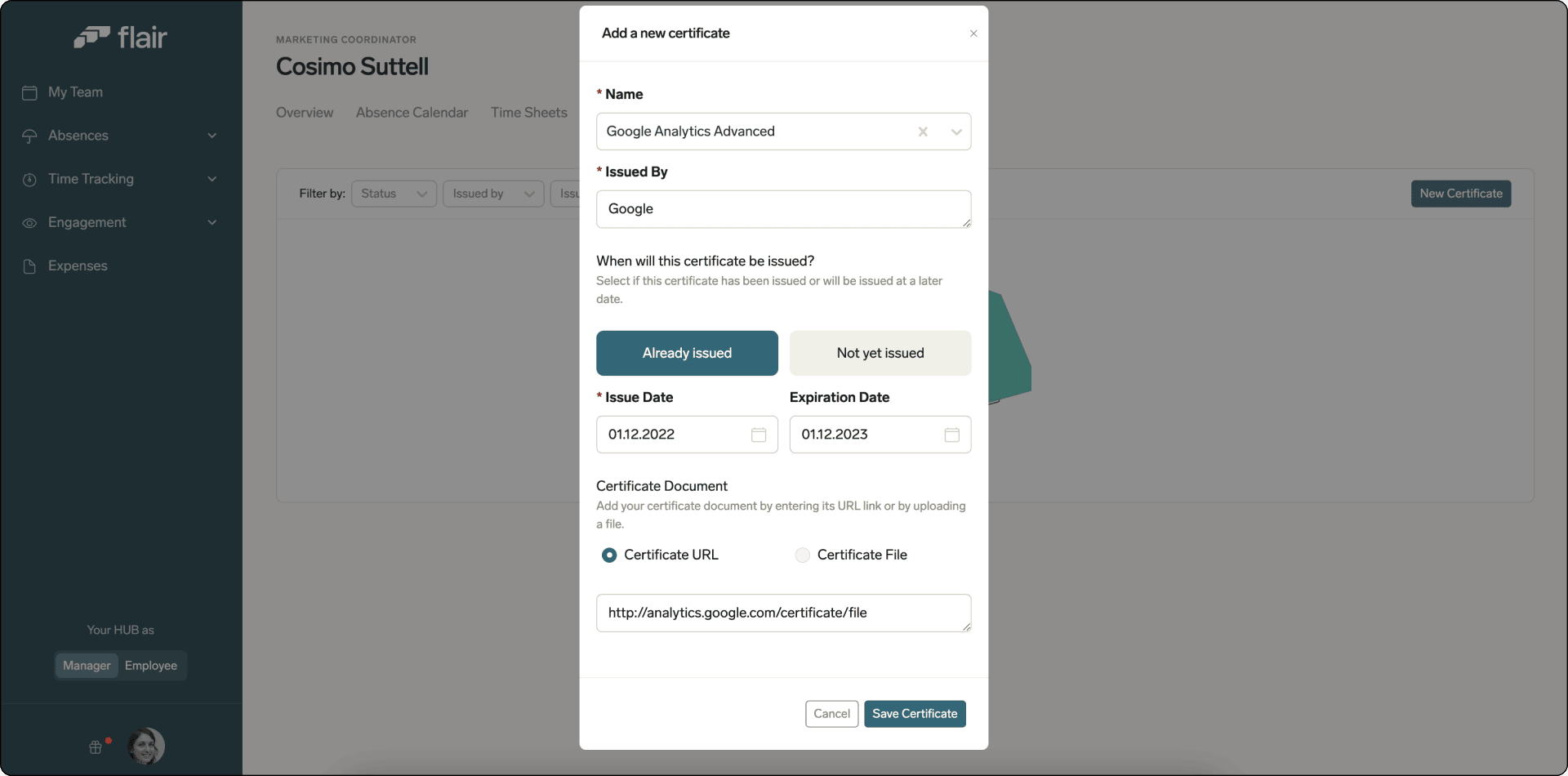Aktion Neues Zertifikat für ein Teammitglied