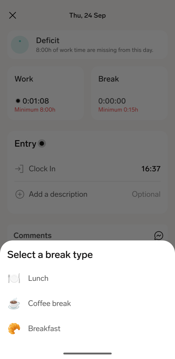 Das Blatt Select a break type in der Mobile App mit den Pausentypen Lunch, Coffee break und Breakfast